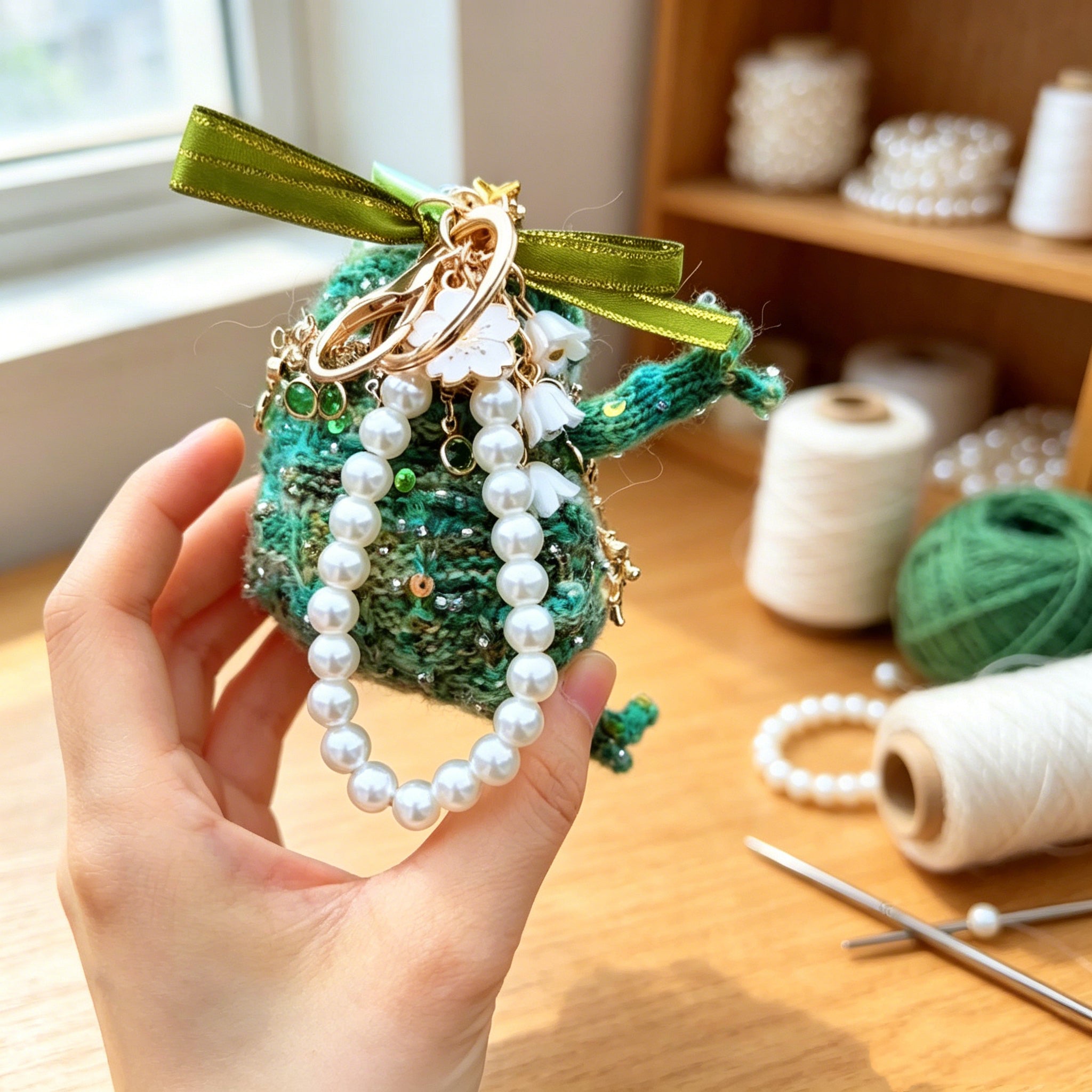 Emerald Prince Toad – Hand-Knitted Vintage Green Bag Charm with Gold Crown, Olive Bow, Layered Crystal Necklace, Red Rose Pendant &amp; Pearl Chain | The Third Space