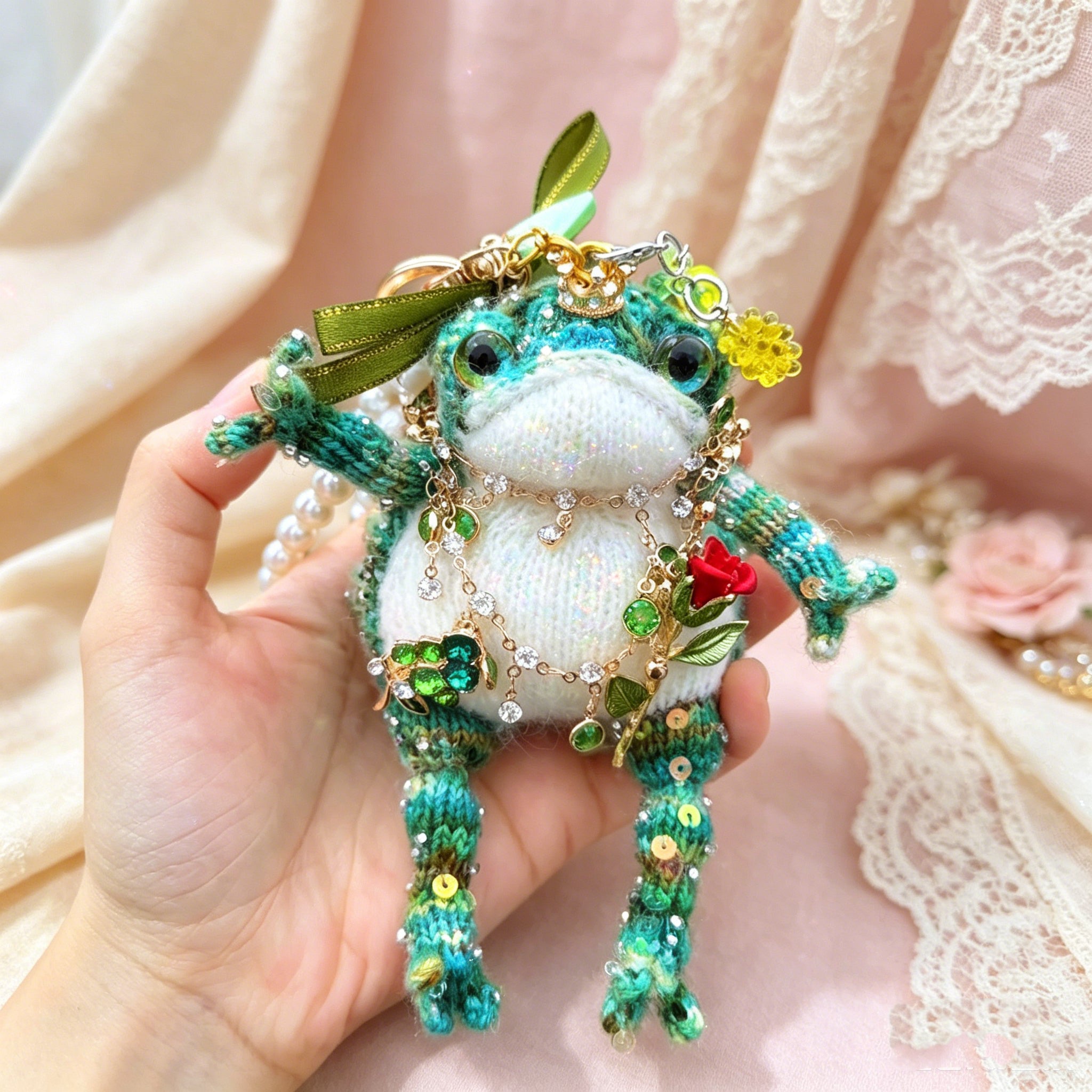 Emerald Prince Toad – Hand-Knitted Vintage Green Bag Charm with Gold Crown, Olive Bow, Layered Crystal Necklace, Red Rose Pendant &amp; Pearl Chain | The Third Space