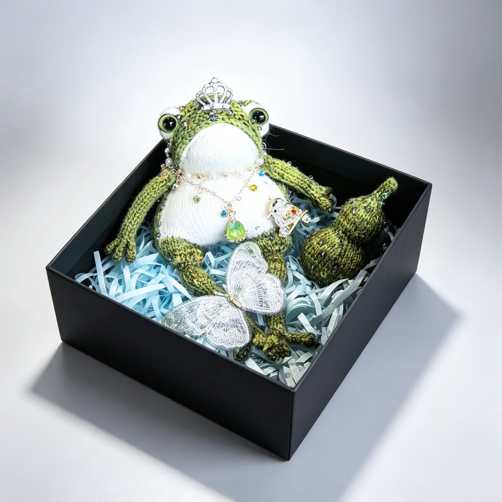 Forest Queen &amp; Spirit Bird Toad – Hand-Knitted Luxe Figurine with Silver Crown, Layered Emerald Necklace, Jeweled Spirit Bird &amp; Gourd Accent | The Third Space