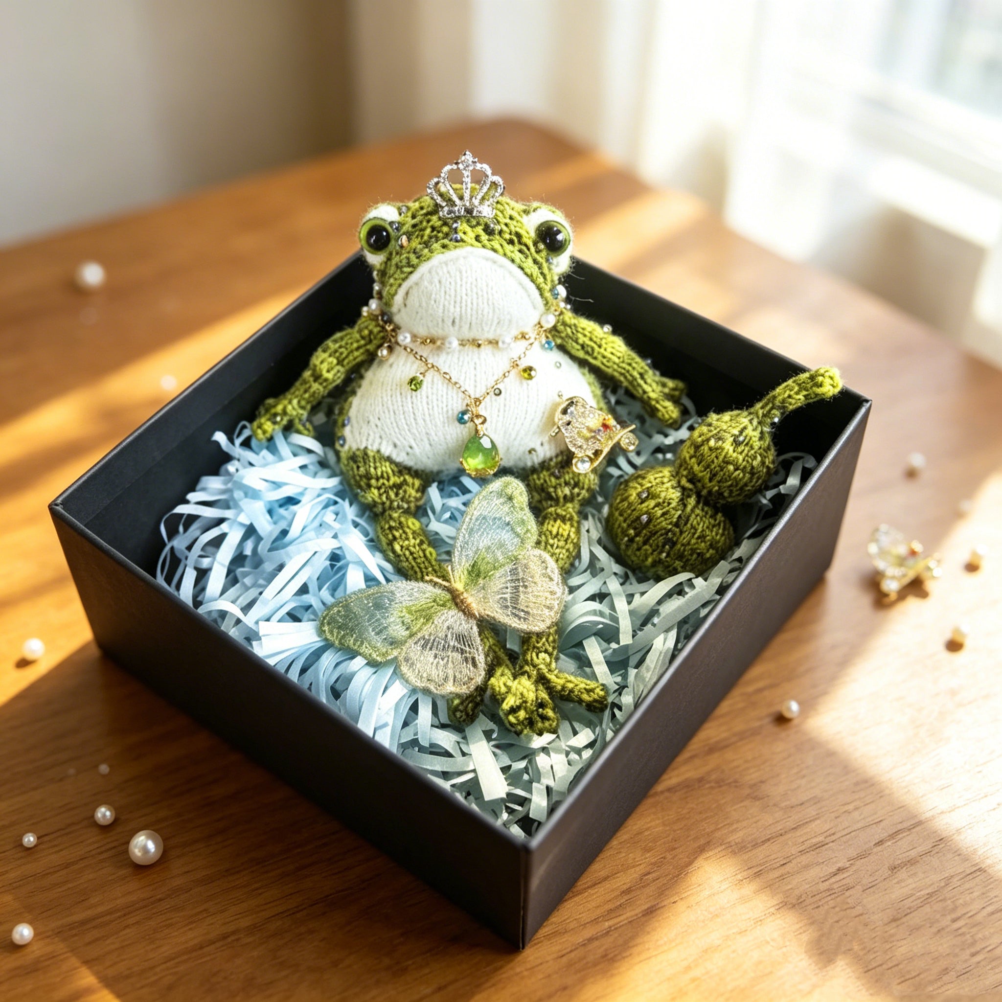 Forest Queen &amp; Spirit Bird Toad – Hand-Knitted Luxe Figurine with Silver Crown, Layered Emerald Necklace, Jeweled Spirit Bird &amp; Gourd Accent | The Third Space