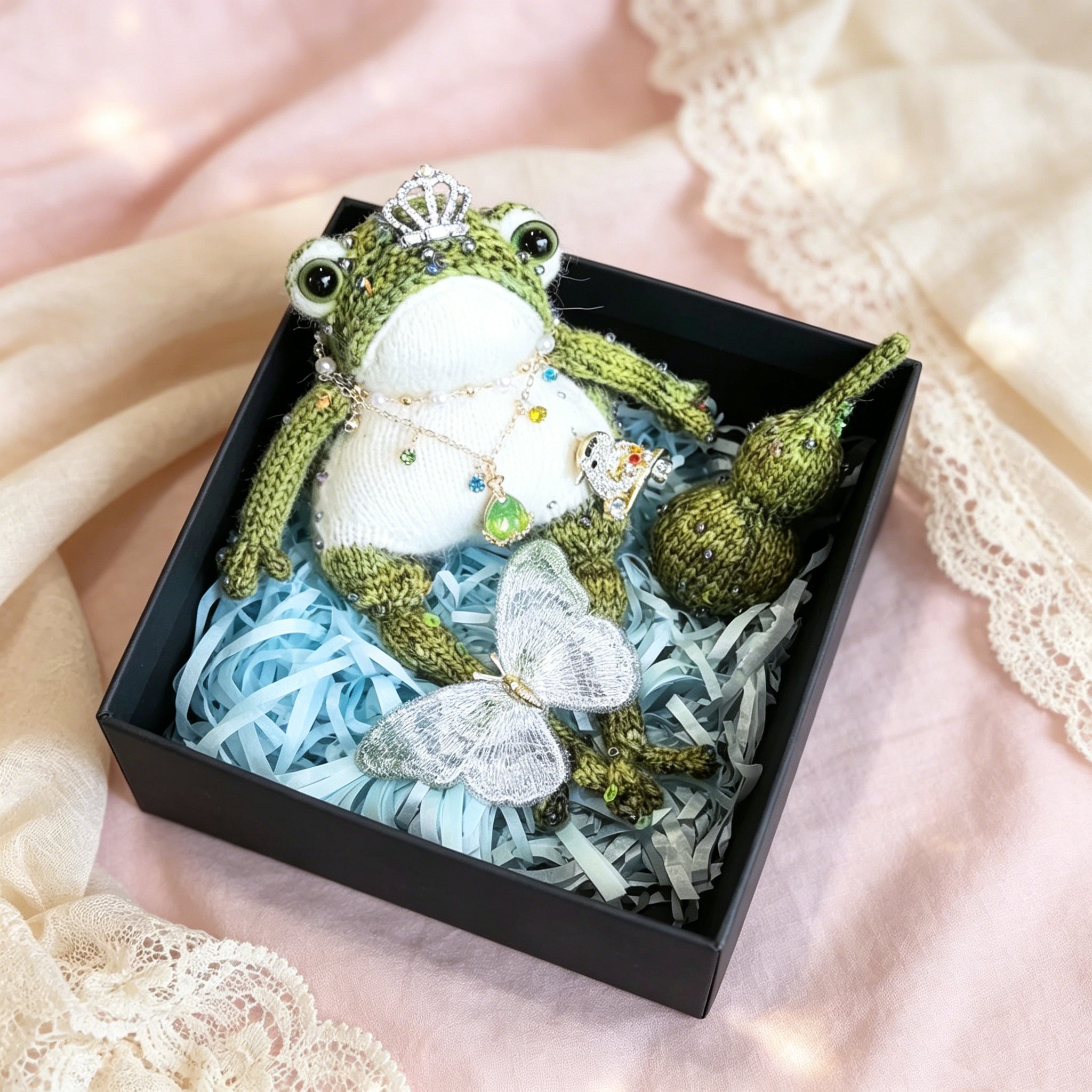 Forest Queen &amp; Spirit Bird Toad – Hand-Knitted Luxe Figurine with Silver Crown, Layered Emerald Necklace, Jeweled Spirit Bird &amp; Gourd Accent | The Third Space
