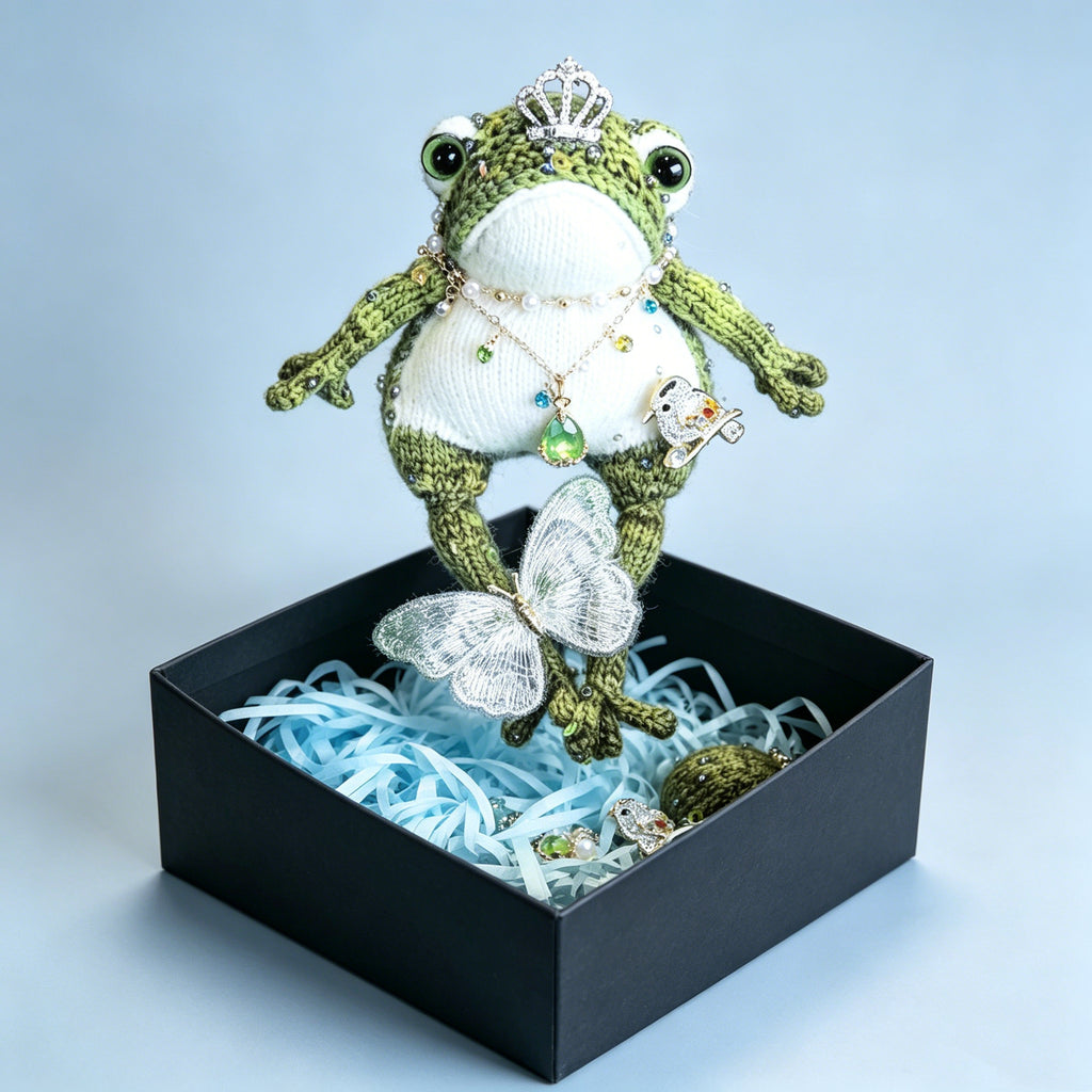 Forest Queen &amp; Spirit Bird Toad – Hand-Knitted Luxe Figurine with Silver Crown, Layered Emerald Necklace, Jeweled Spirit Bird &amp; Gourd Accent | The Third Space