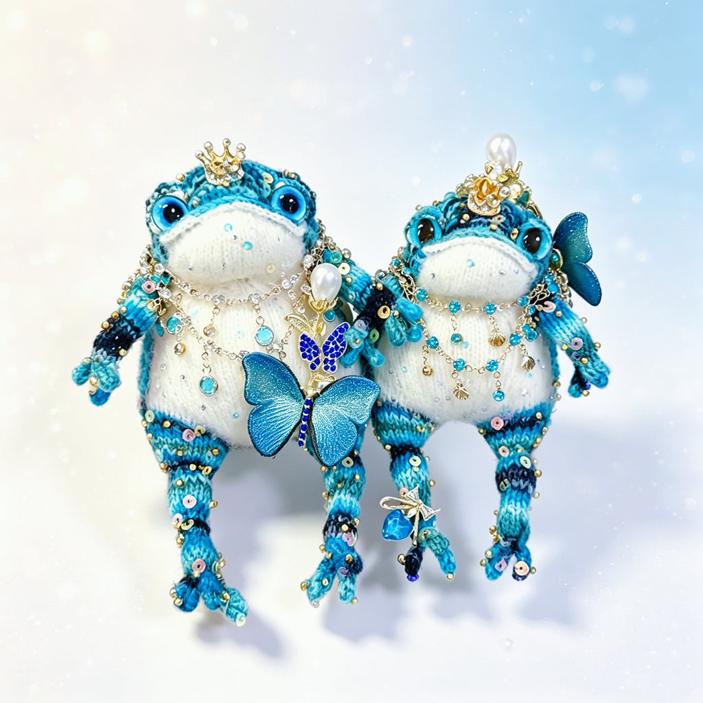 Royal Court Toad Duo – Hand-Knitted Blue Toads in Parent &amp; Child Sizes with Gold Crowns, Pearl Accents, Crystal Butterflies &amp; Layered Gem Necklaces | The Third Space