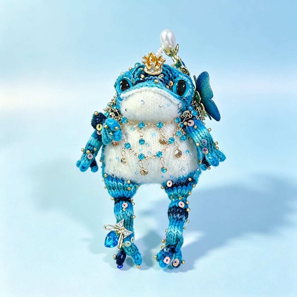 Royal Court Toad Duo – Hand-Knitted Blue Toads in Parent &amp; Child Sizes with Gold Crowns, Pearl Accents, Crystal Butterflies &amp; Layered Gem Necklaces | The Third Space