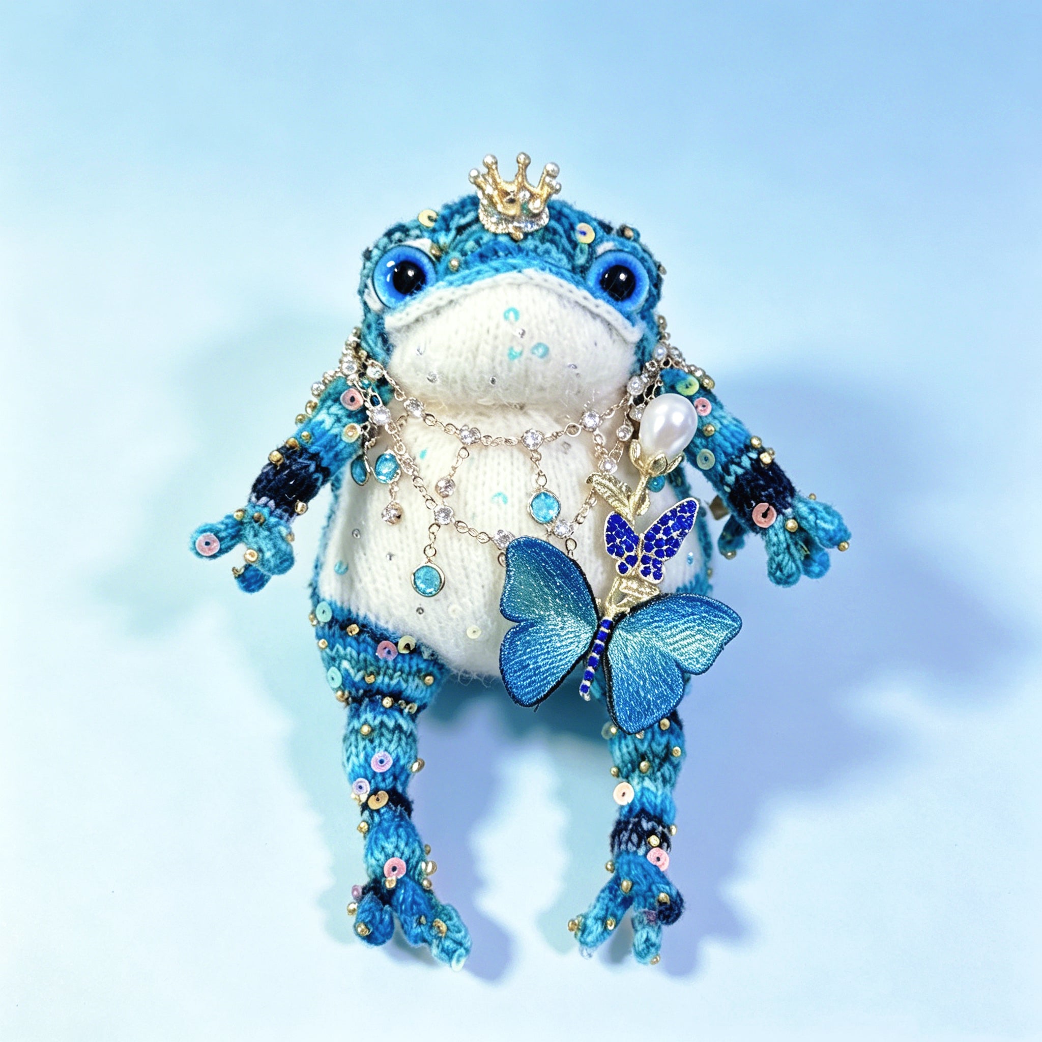 Royal Court Toad Duo – Hand-Knitted Blue Toads in Parent &amp; Child Sizes with Gold Crowns, Pearl Accents, Crystal Butterflies &amp; Layered Gem Necklaces | The Third Space