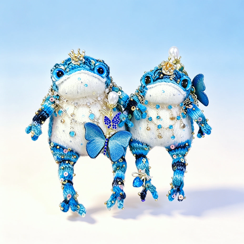 Royal Court Toad Duo – Hand-Knitted Blue Toads in Parent &amp; Child Sizes with Gold Crowns, Pearl Accents, Crystal Butterflies &amp; Layered Gem Necklaces | The Third Space