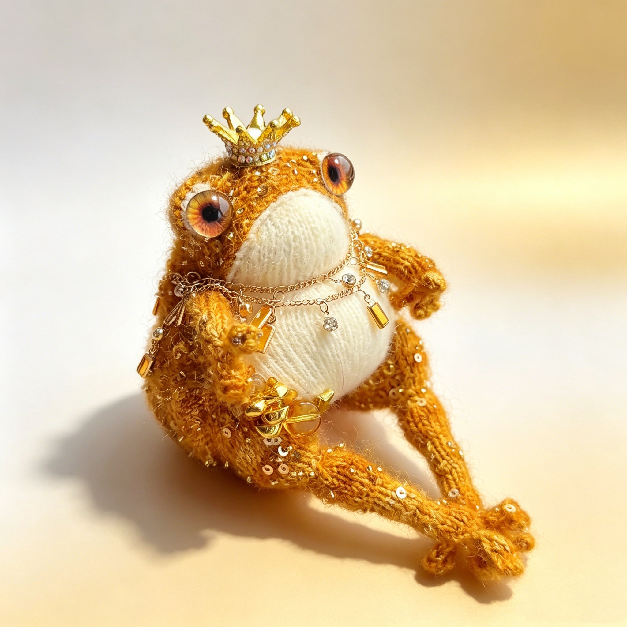 Golden Royal Toad – Hand-Knitted Luxe Figurine with Gold Crown, Ruby-Gold Glass Eyes, Layered Necklaces, Star Sequins &amp; Gold Ingot Charms | The Third Space