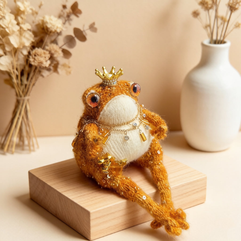 Golden Royal Toad – Hand-Knitted Luxe Figurine with Gold Crown, Ruby-Gold Glass Eyes, Layered Necklaces, Star Sequins &amp; Gold Ingot Charms | The Third Space