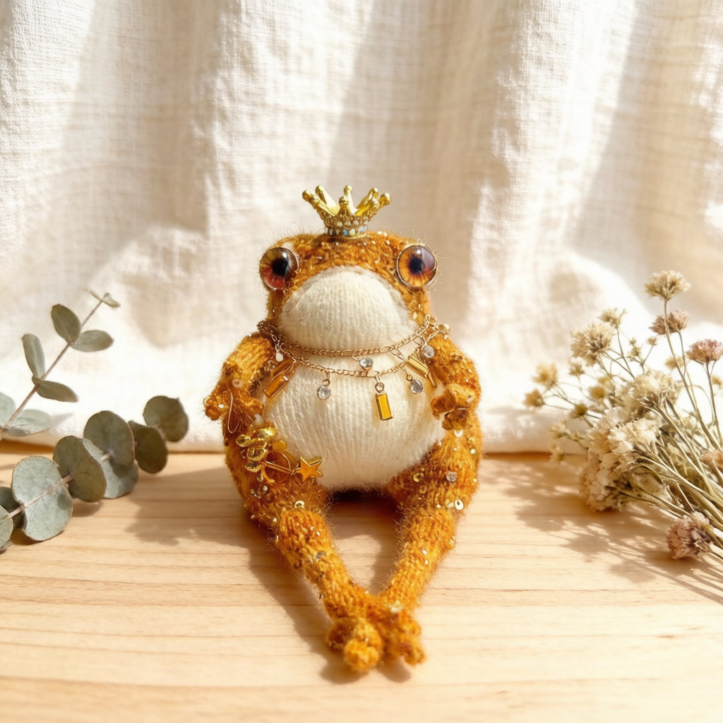 Golden Royal Toad – Hand-Knitted Luxe Figurine with Gold Crown, Ruby-Gold Glass Eyes, Layered Necklaces, Star Sequins &amp; Gold Ingot Charms | The Third Space