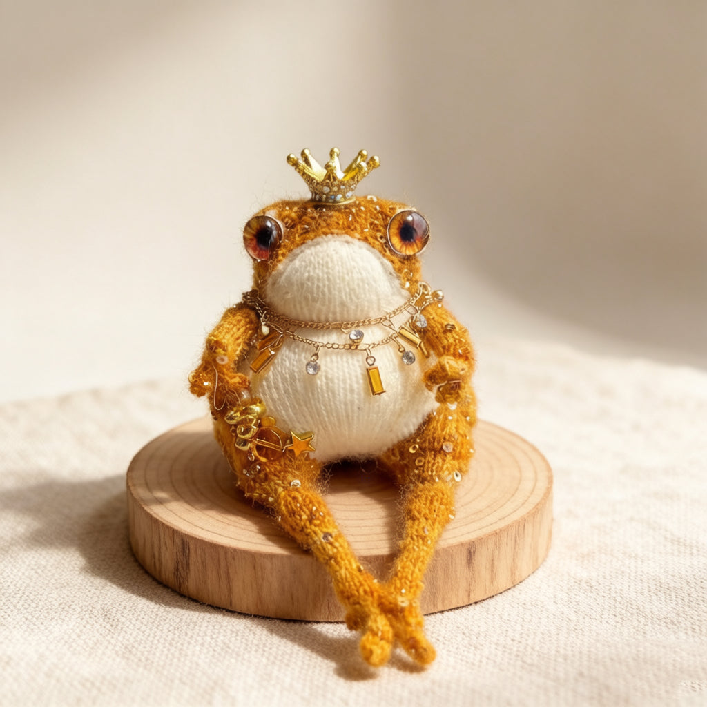 Golden Royal Toad – Hand-Knitted Luxe Figurine with Gold Crown, Ruby-Gold Glass Eyes, Layered Necklaces, Star Sequins &amp; Gold Ingot Charms | The Third Space