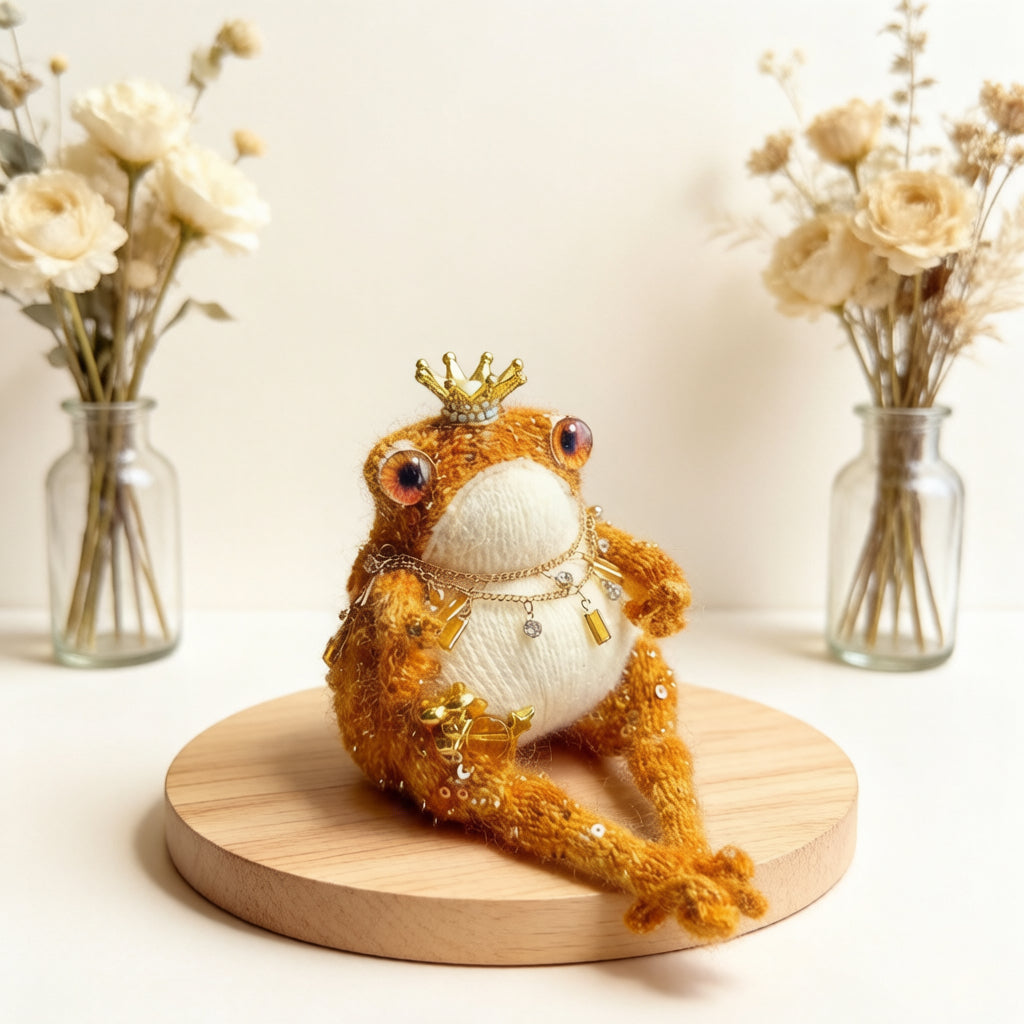 Golden Royal Toad – Hand-Knitted Luxe Figurine with Gold Crown, Ruby-Gold Glass Eyes, Layered Necklaces, Star Sequins &amp; Gold Ingot Charms | The Third Space