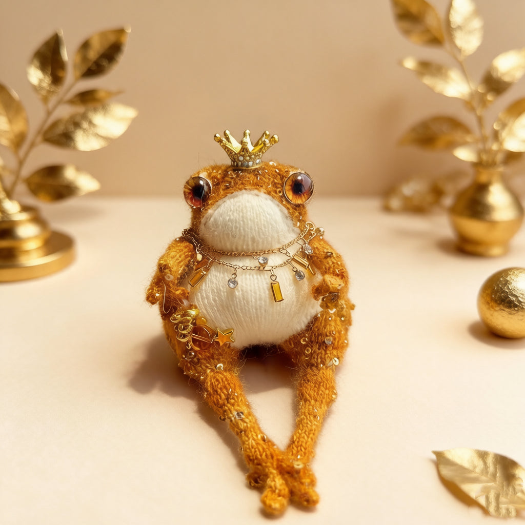 Golden Royal Toad – Hand-Knitted Luxe Figurine with Gold Crown, Ruby-Gold Glass Eyes, Layered Necklaces, Star Sequins &amp; Gold Ingot Charms | The Third Space
