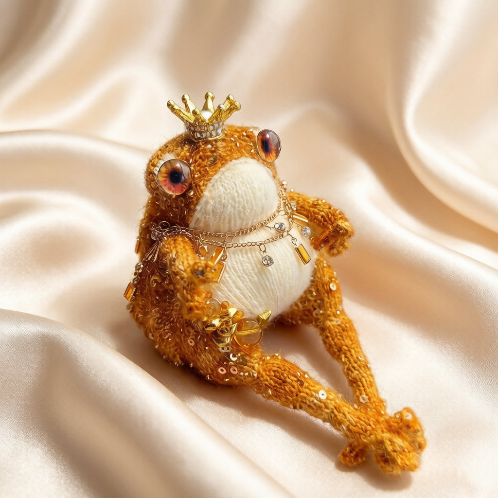 Golden Royal Toad – Hand-Knitted Luxe Figurine with Gold Crown, Ruby-Gold Glass Eyes, Layered Necklaces, Star Sequins &amp; Gold Ingot Charms | The Third Space