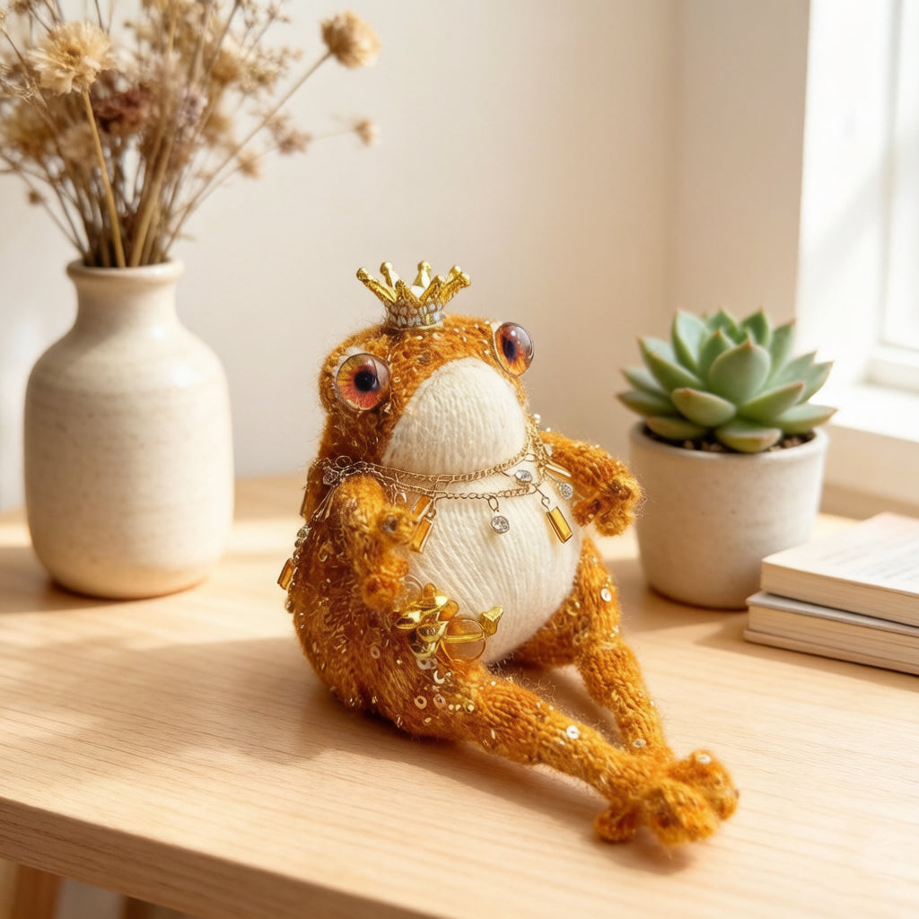 Golden Royal Toad – Hand-Knitted Luxe Figurine with Gold Crown, Ruby-Gold Glass Eyes, Layered Necklaces, Star Sequins &amp; Gold Ingot Charms | The Third Space