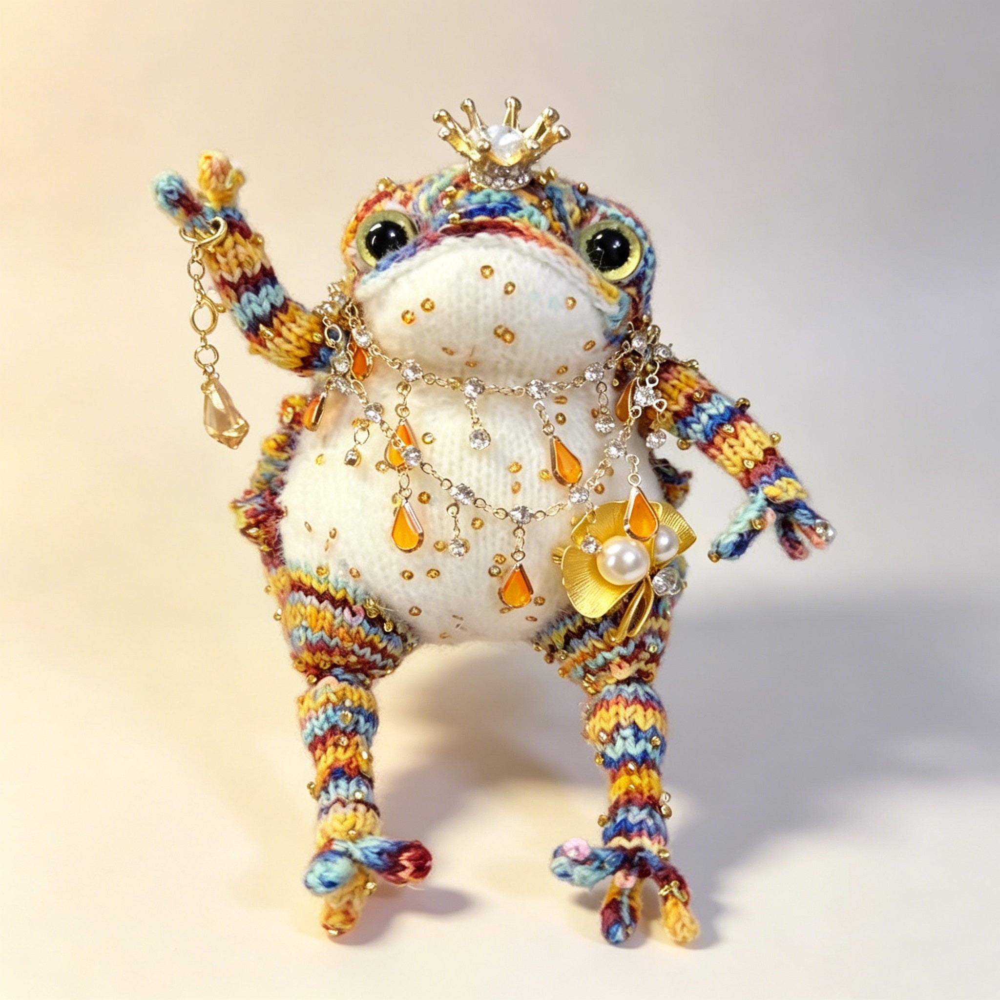 Rainbow Jewel Toad – Hand-Knitted Figurine with Pearl Crown, Layered Crystal Necklace, Golden Flower Brooch &amp; Rainbow-Striped Limbs | The Third Space