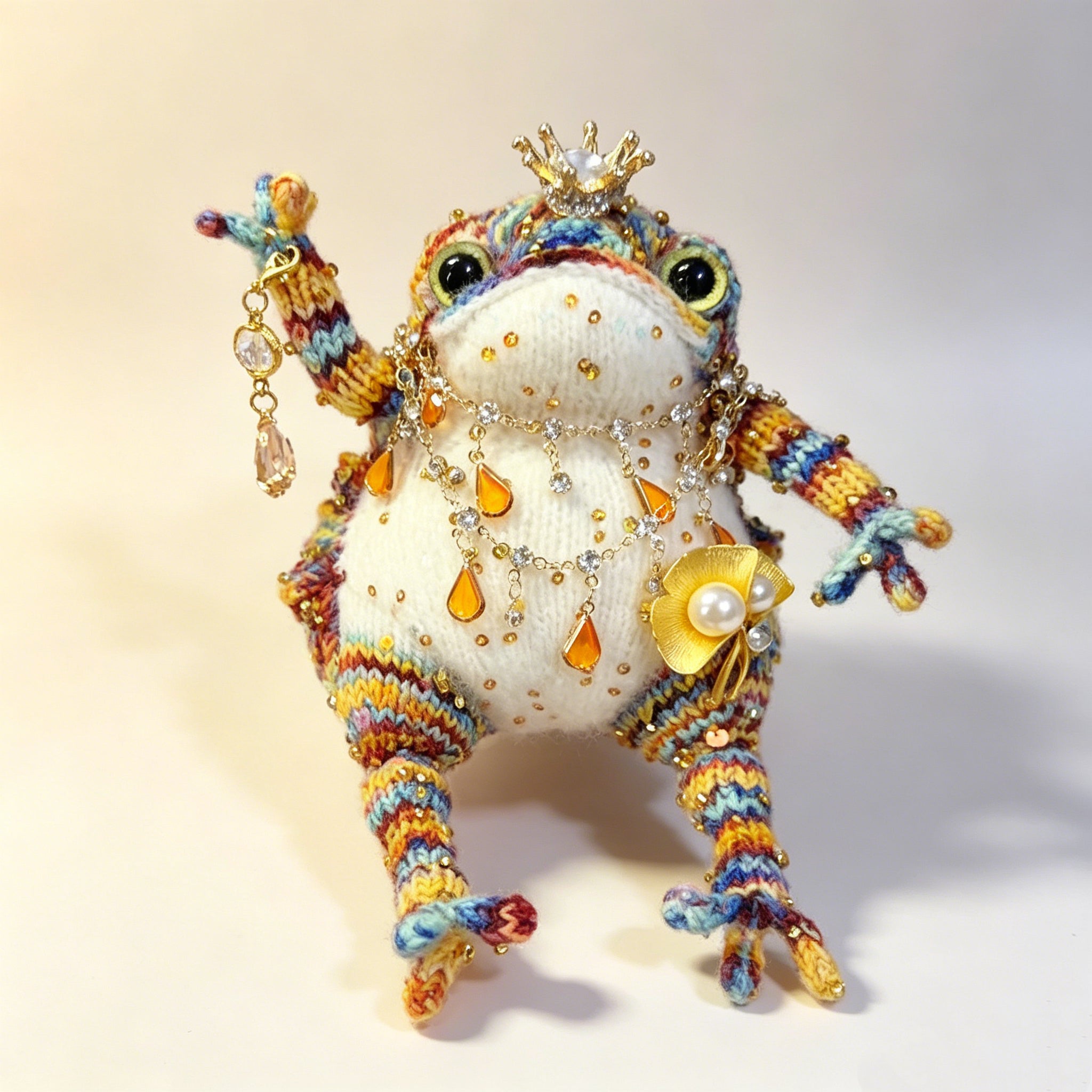 Rainbow Jewel Toad – Hand-Knitted Figurine with Pearl Crown, Layered Crystal Necklace, Golden Flower Brooch &amp; Rainbow-Striped Limbs | The Third Space