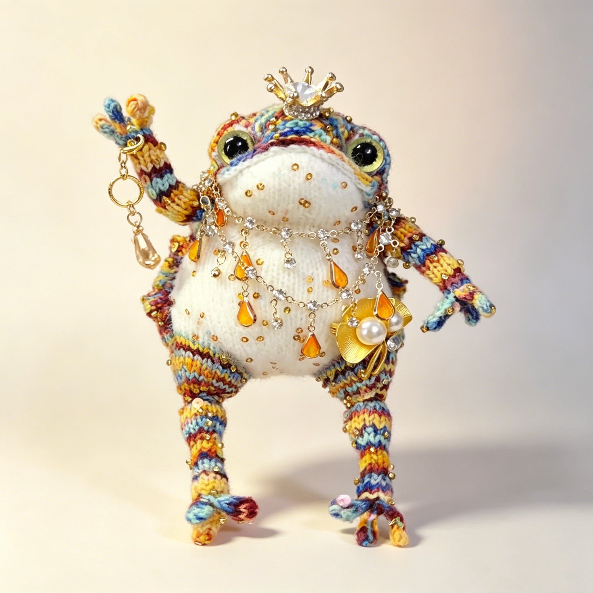 Rainbow Jewel Toad – Hand-Knitted Figurine with Pearl Crown, Layered Crystal Necklace, Golden Flower Brooch &amp; Rainbow-Striped Limbs | The Third Space