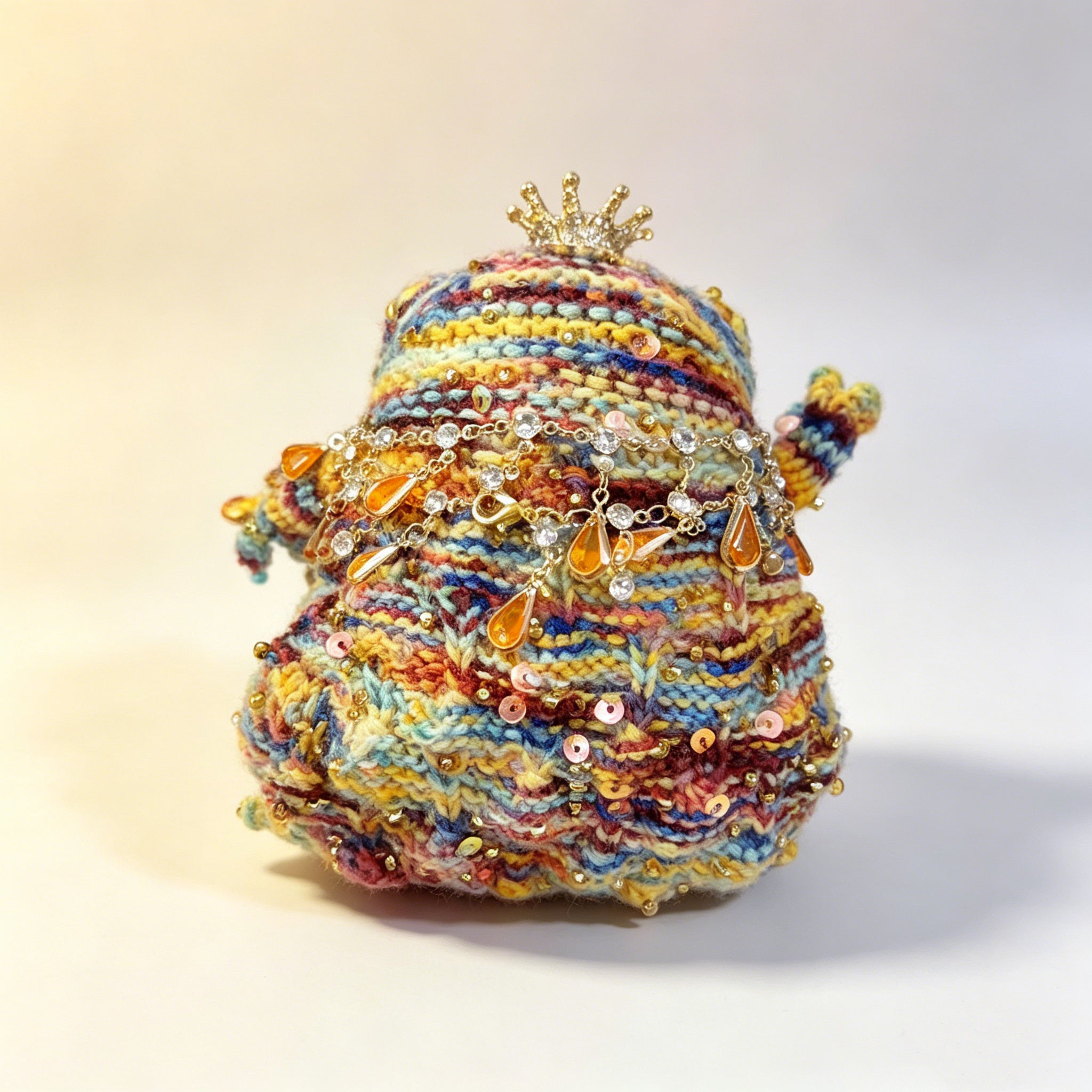 Rainbow Jewel Toad – Hand-Knitted Figurine with Pearl Crown, Layered Crystal Necklace, Golden Flower Brooch &amp; Rainbow-Striped Limbs | The Third Space
