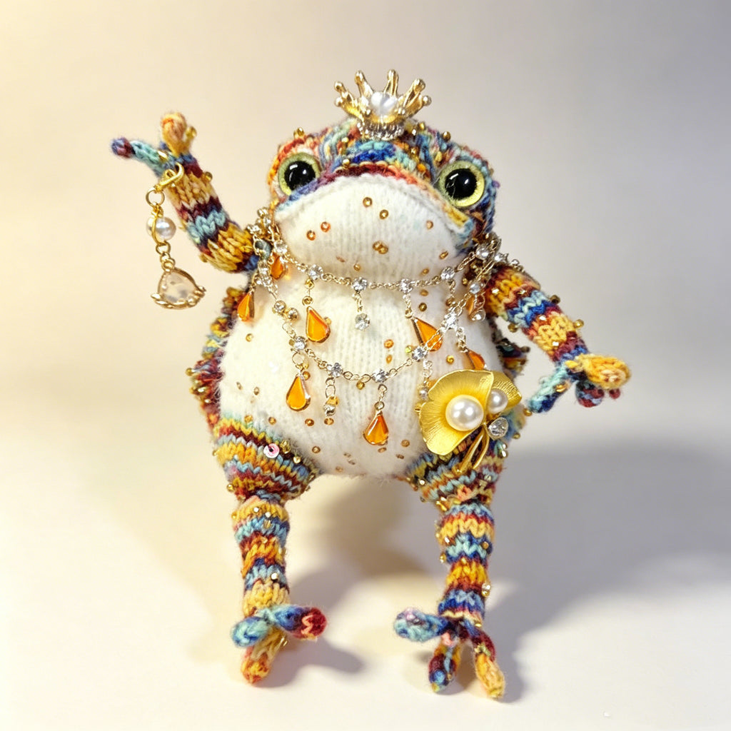 Rainbow Jewel Toad – Hand-Knitted Figurine with Pearl Crown, Layered Crystal Necklace, Golden Flower Brooch &amp; Rainbow-Striped Limbs | The Third Space