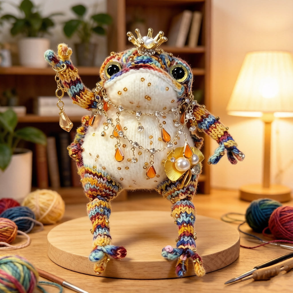 Rainbow Jewel Toad – Hand-Knitted Figurine with Pearl Crown, Layered Crystal Necklace, Golden Flower Brooch &amp; Rainbow-Striped Limbs | The Third Space
