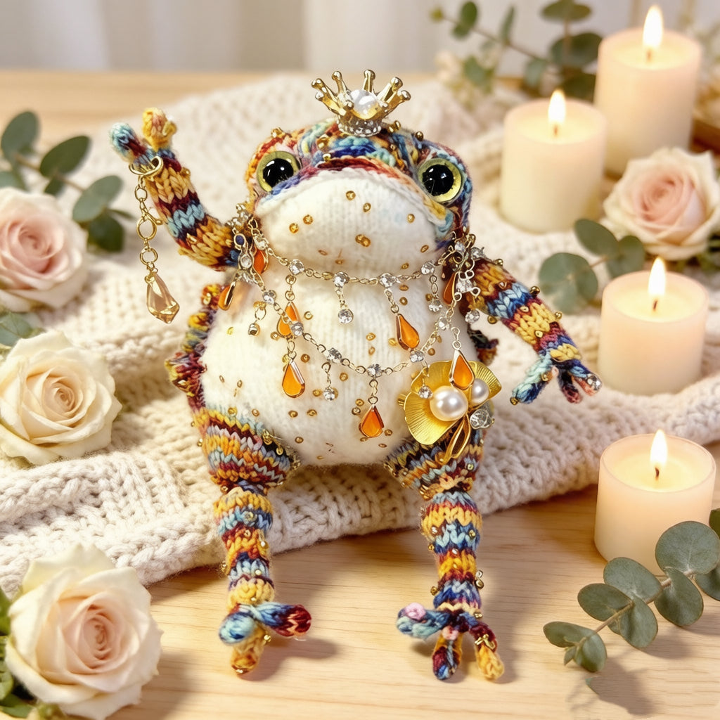 Rainbow Jewel Toad – Hand-Knitted Figurine with Pearl Crown, Layered Crystal Necklace, Golden Flower Brooch &amp; Rainbow-Striped Limbs | The Third Space