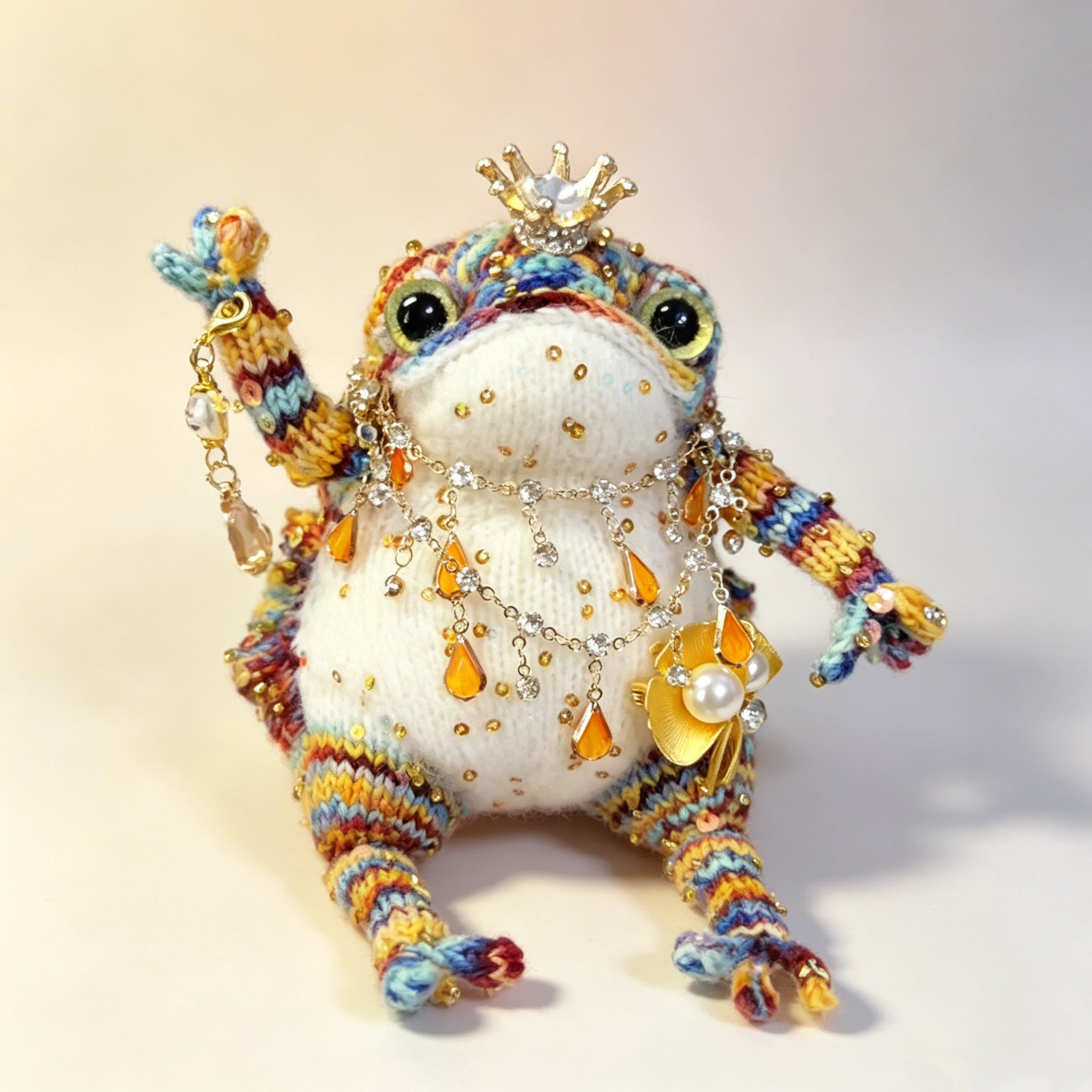 Rainbow Jewel Toad – Hand-Knitted Figurine with Pearl Crown, Layered Crystal Necklace, Golden Flower Brooch &amp; Rainbow-Striped Limbs | The Third Space