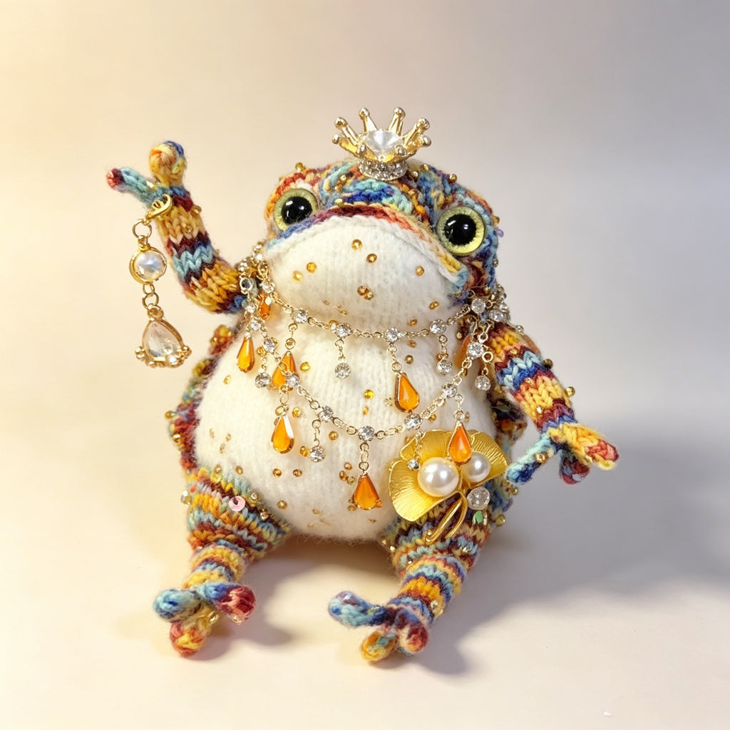 Rainbow Jewel Toad – Hand-Knitted Figurine with Pearl Crown, Layered Crystal Necklace, Golden Flower Brooch &amp; Rainbow-Striped Limbs | The Third Space