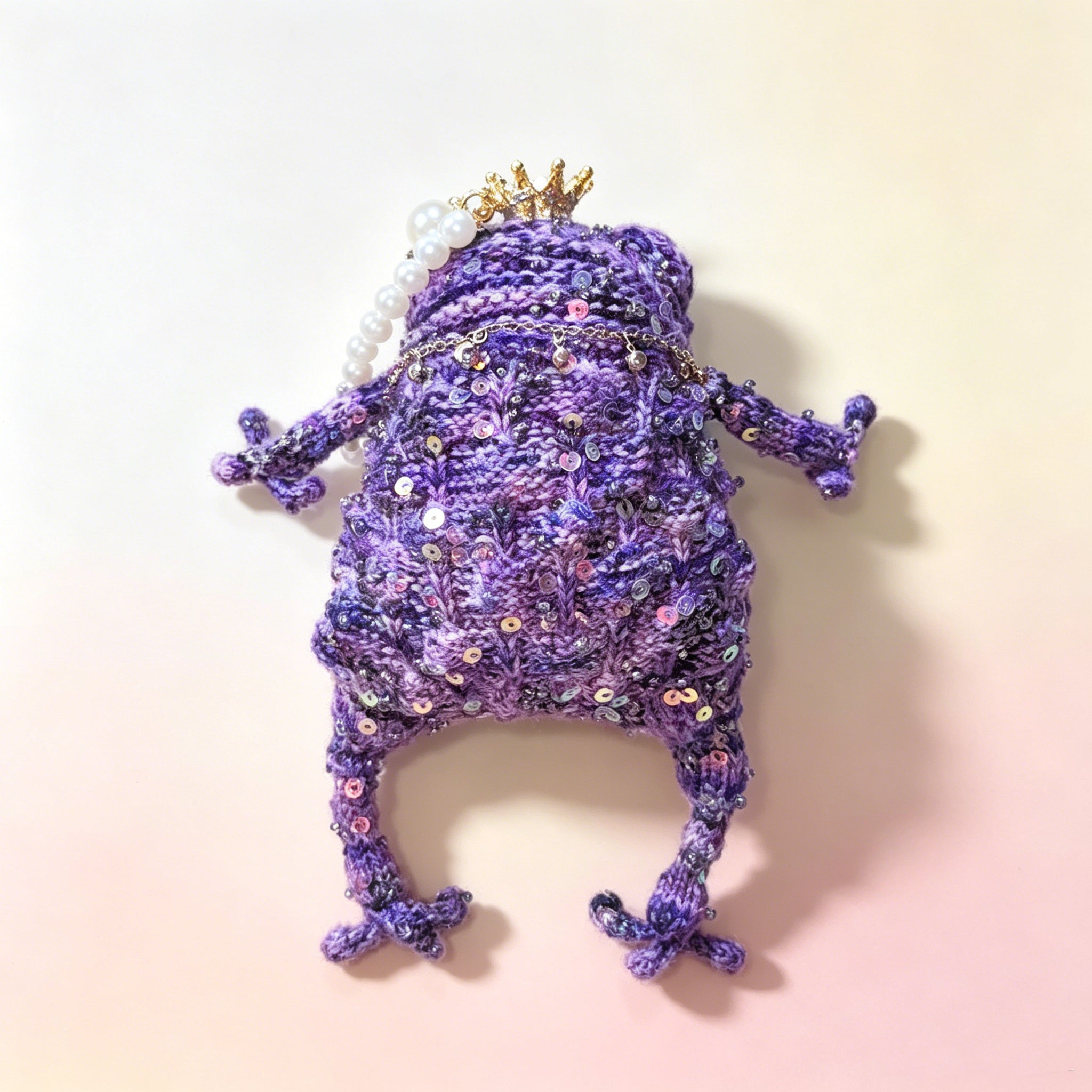 Mystic Jewel Toad – Hand-Knitted Purple Figurine with Crown, Pearl Collar &amp; Crystal Embellishments | The Third Space