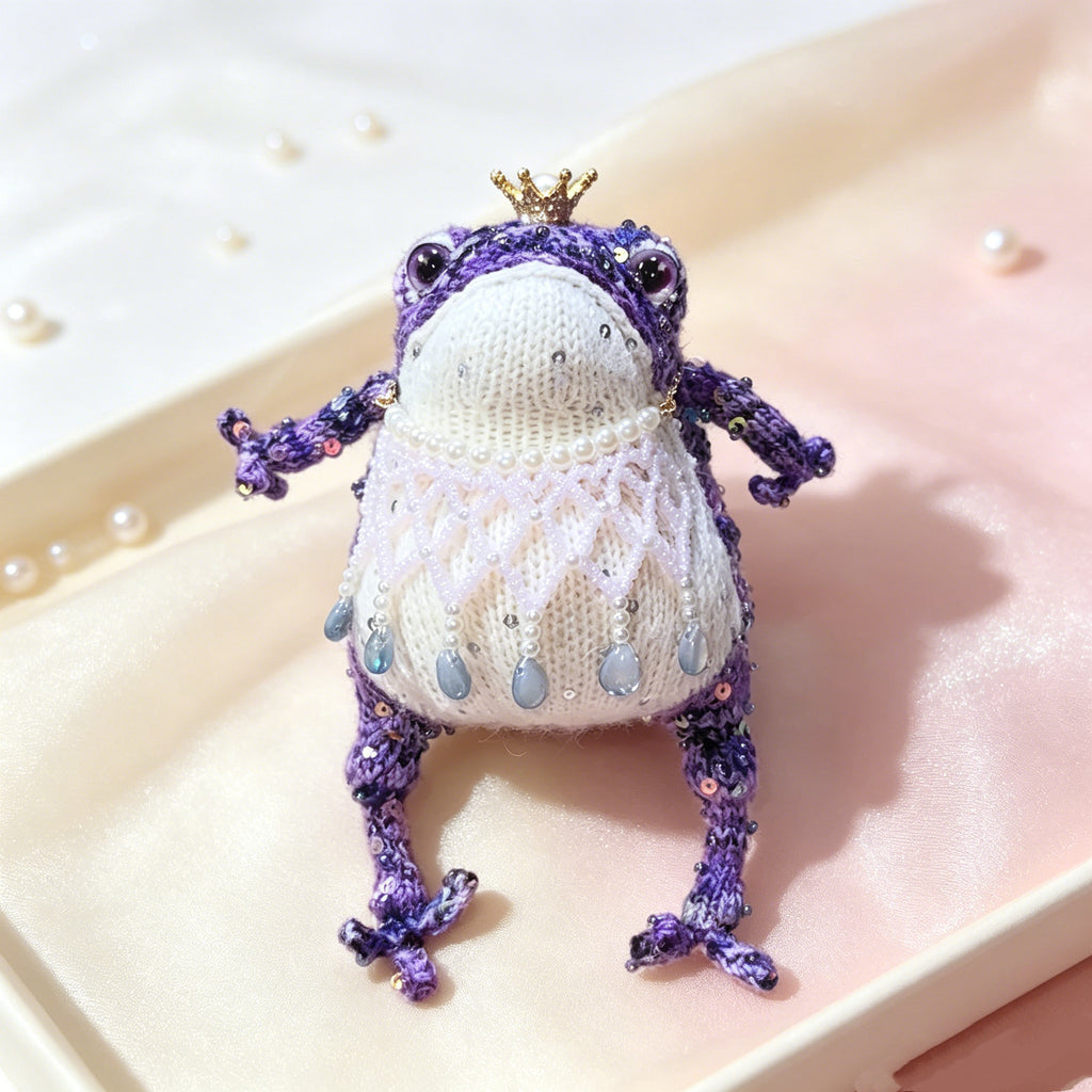 Mystic Jewel Toad – Hand-Knitted Purple Figurine with Crown, Pearl Collar &amp; Crystal Embellishments | The Third Space