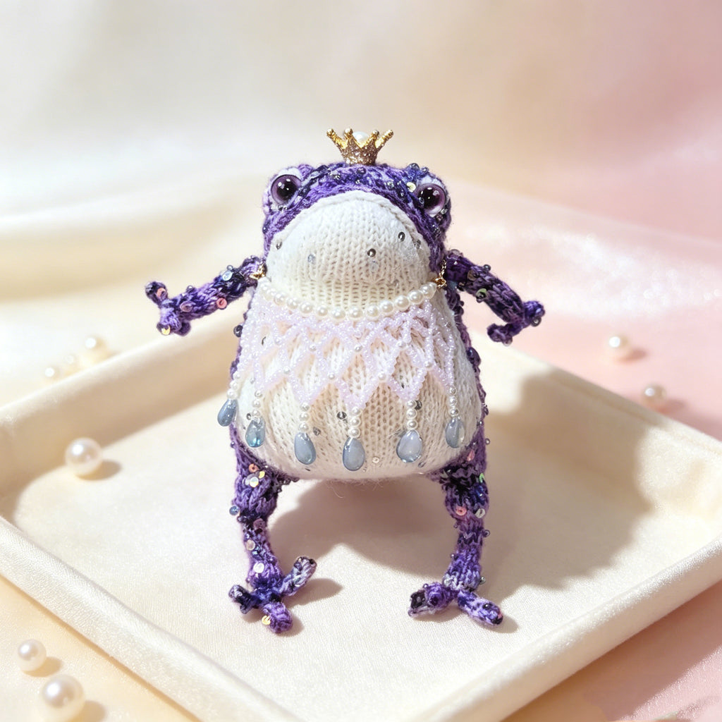 Mystic Jewel Toad – Hand-Knitted Purple Figurine with Crown, Pearl Collar &amp; Crystal Embellishments | The Third Space