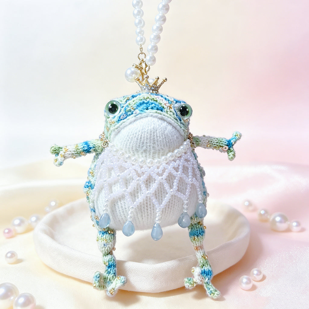 Mystic Jewel Toad – Hand-Knitted Purple Figurine with Crown, Pearl Collar &amp; Crystal Embellishments | The Third Space