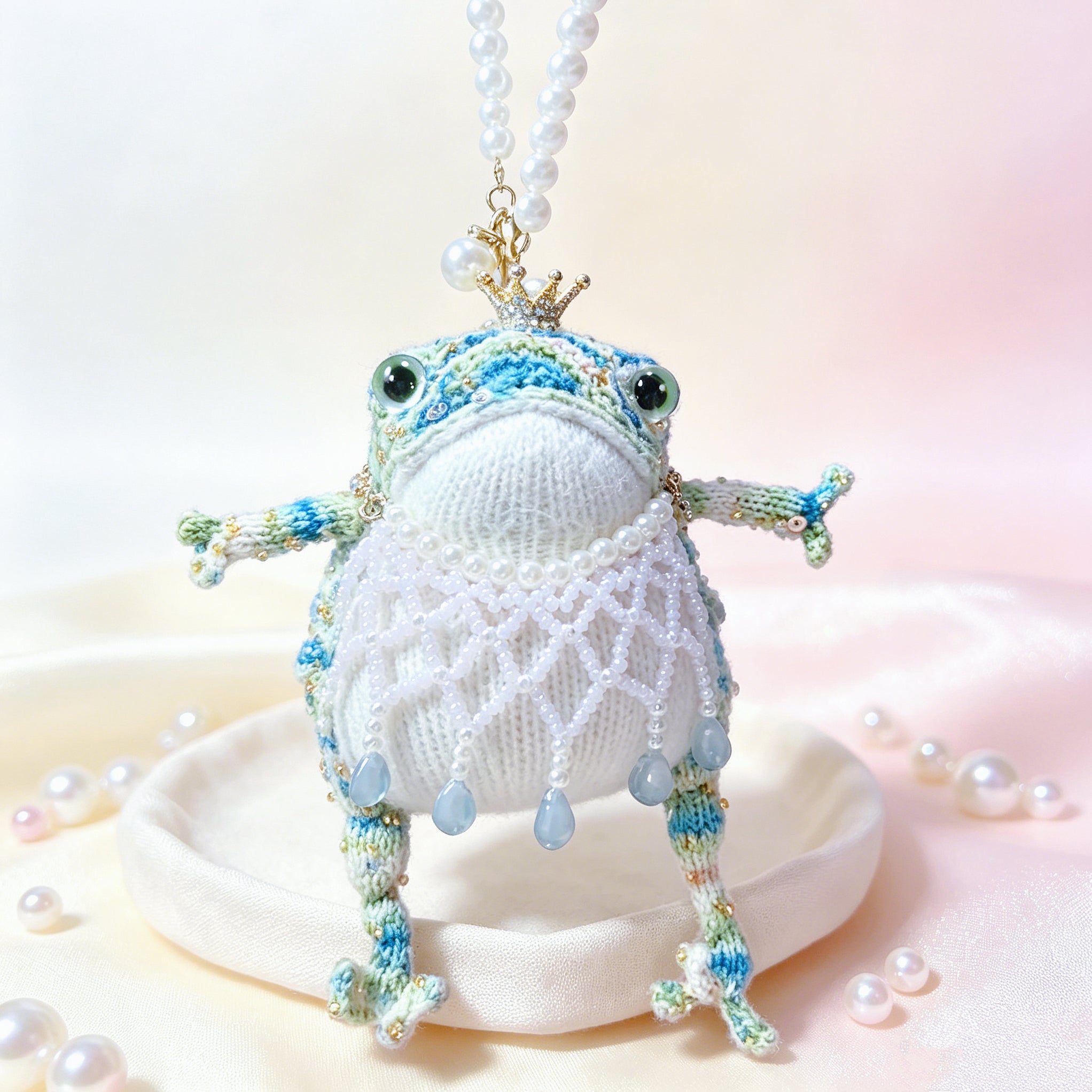 Mystic Jewel Toad – Hand-Knitted Purple Figurine with Crown, Pearl Collar &amp; Crystal Embellishments | The Third Space