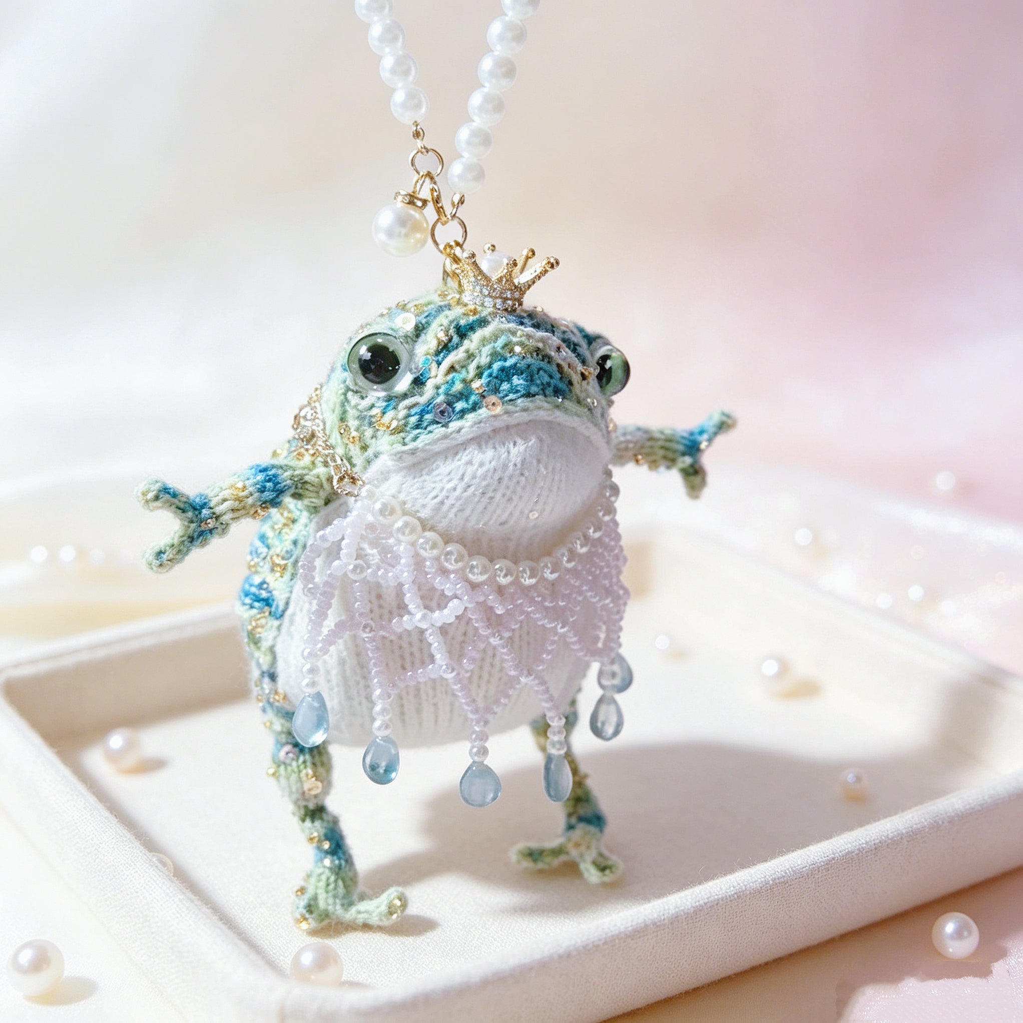 Mystic Jewel Toad – Hand-Knitted Purple Figurine with Crown, Pearl Collar &amp; Crystal Embellishments | The Third Space