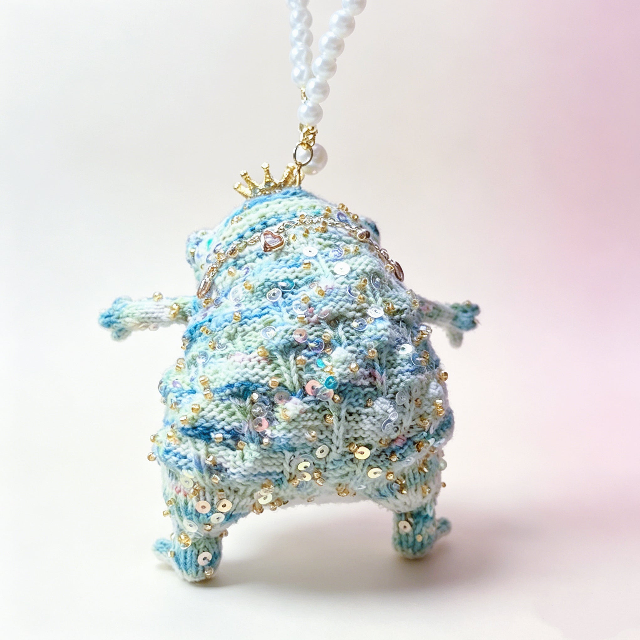 Mystic Jewel Toad – Hand-Knitted Purple Figurine with Crown, Pearl Collar &amp; Crystal Embellishments | The Third Space