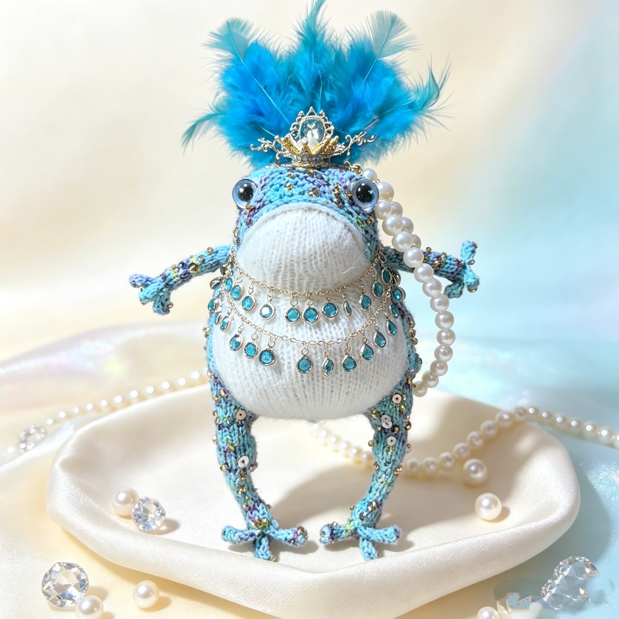 Blue Feather Royal Toad – Hand-Knitted Figurine with Blue Feather Crown, Gold Tiara, Layered Crystal Chains, Pearl Bracelet &amp; Diamond Accents | The Third Space