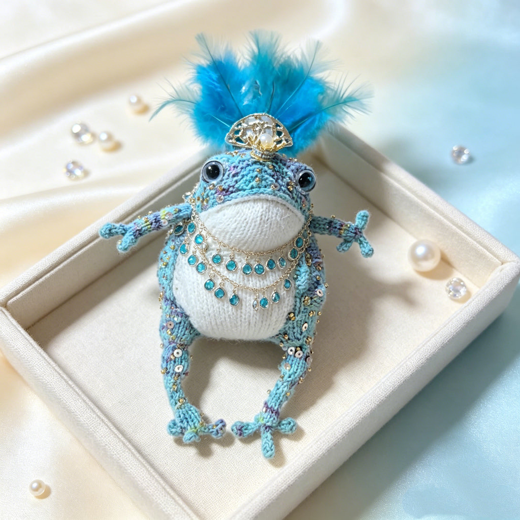 Blue Feather Royal Toad – Hand-Knitted Figurine with Blue Feather Crown, Gold Tiara, Layered Crystal Chains, Pearl Bracelet &amp; Diamond Accents | The Third Space