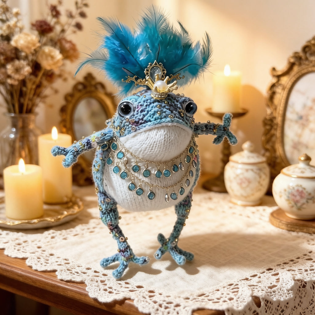Blue Feather Royal Toad – Hand-Knitted Figurine with Blue Feather Crown, Gold Tiara, Layered Crystal Chains, Pearl Bracelet &amp; Diamond Accents | The Third Space