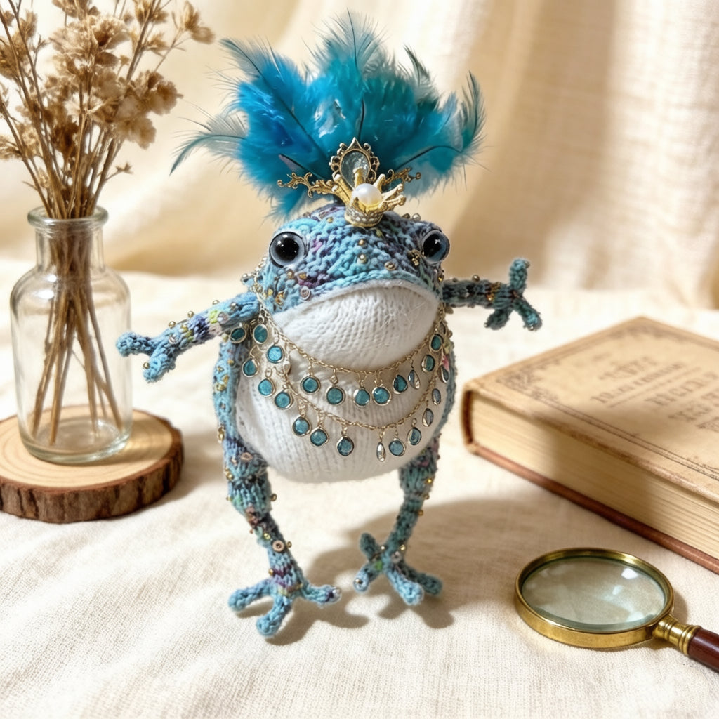 Blue Feather Royal Toad – Hand-Knitted Figurine with Blue Feather Crown, Gold Tiara, Layered Crystal Chains, Pearl Bracelet &amp; Diamond Accents | The Third Space