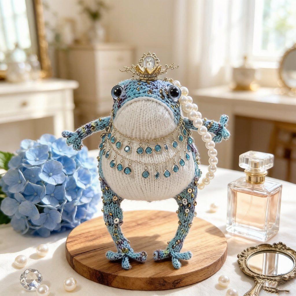 Blue Feather Royal Toad – Hand-Knitted Figurine with Blue Feather Crown, Gold Tiara, Layered Crystal Chains, Pearl Bracelet &amp; Diamond Accents | The Third Space