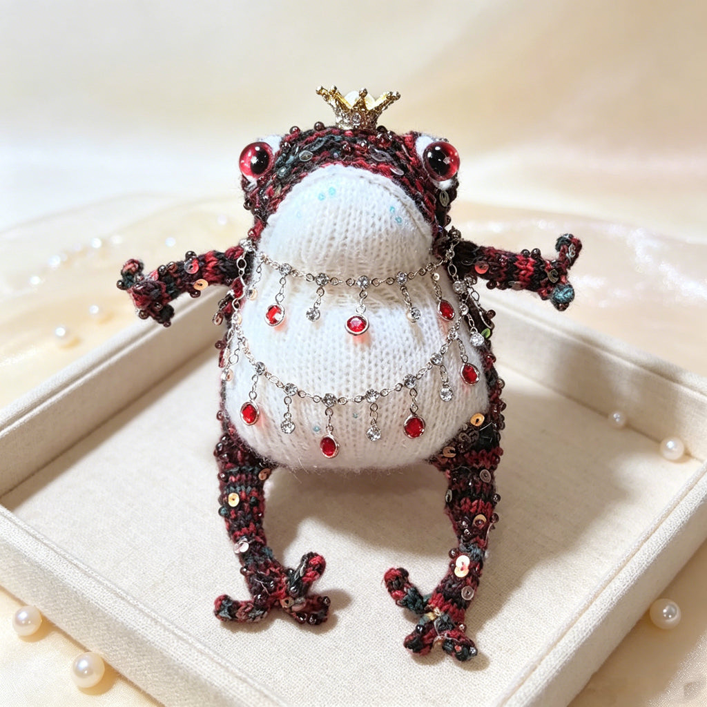 Ruby Oddity Toad – Hand-Knitted Figurine with Red Glass Eyes, Gold Crown, Layered Ruby Crystal Necklaces, Sequin-Beaded Body &amp; Pearl Chain | The Third Space