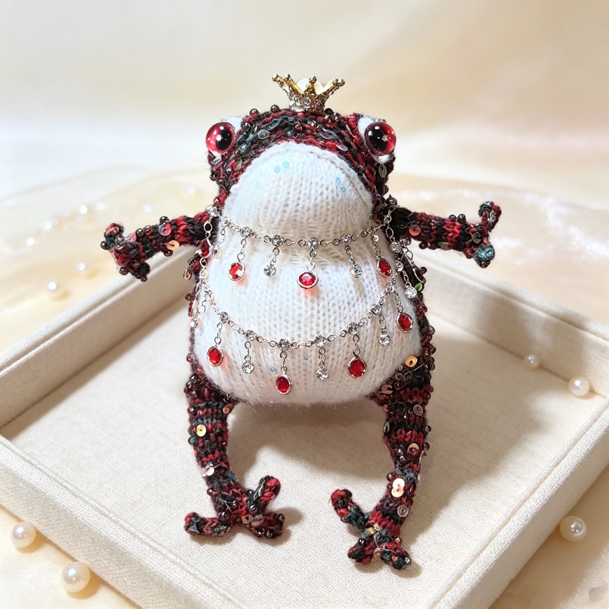 Ruby Oddity Toad – Hand-Knitted Figurine with Red Glass Eyes, Gold Crown, Layered Ruby Crystal Necklaces, Sequin-Beaded Body &amp; Pearl Chain | The Third Space