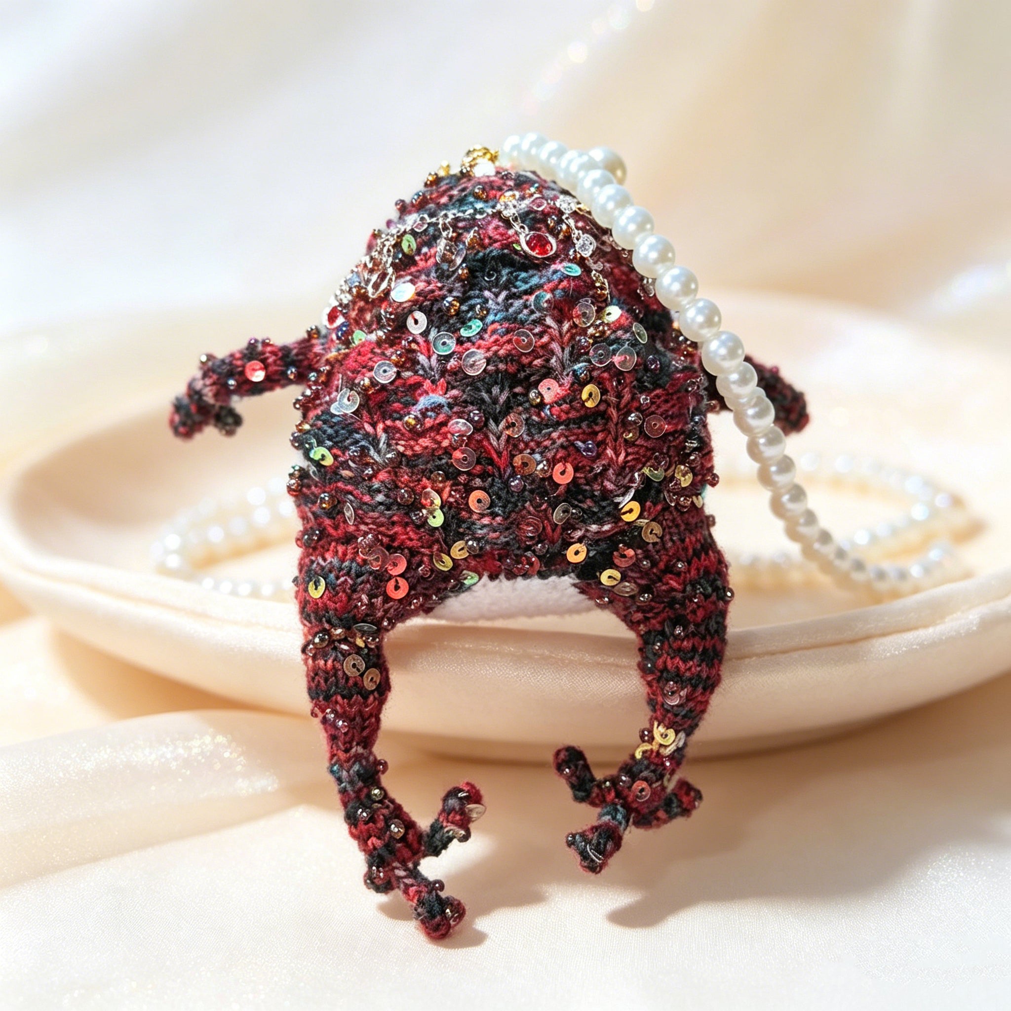 Ruby Oddity Toad – Hand-Knitted Figurine with Red Glass Eyes, Gold Crown, Layered Ruby Crystal Necklaces, Sequin-Beaded Body &amp; Pearl Chain | The Third Space