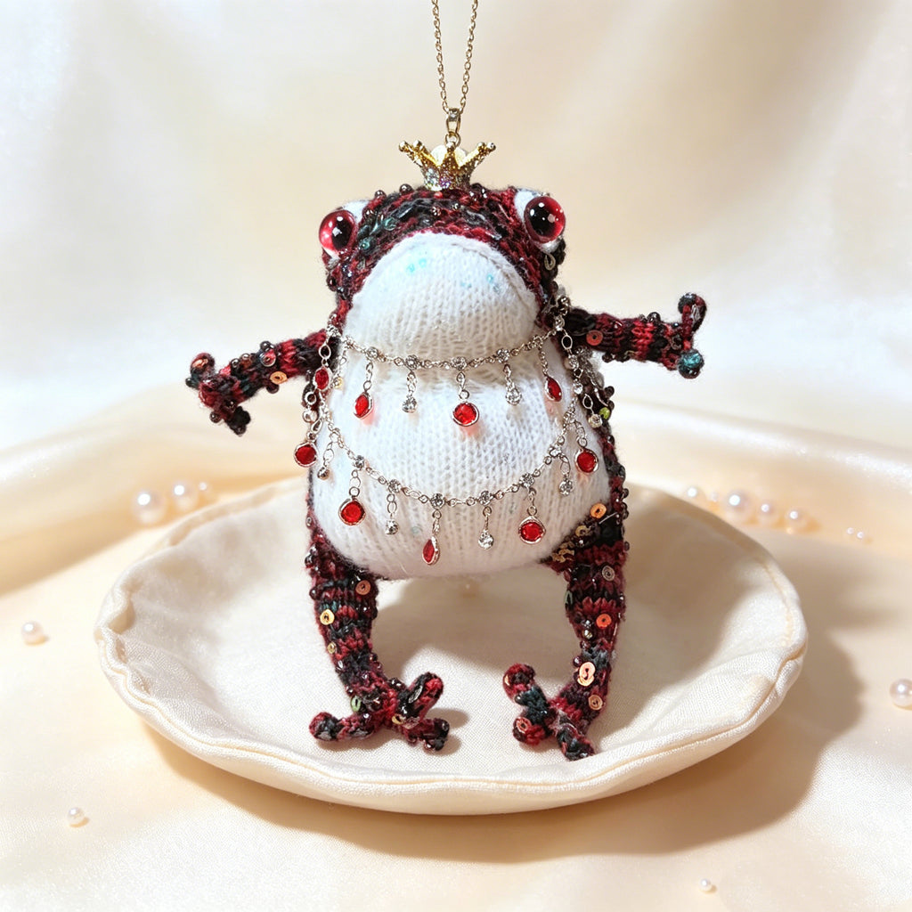 Ruby Oddity Toad – Hand-Knitted Figurine with Red Glass Eyes, Gold Crown, Layered Ruby Crystal Necklaces, Sequin-Beaded Body &amp; Pearl Chain | The Third Space