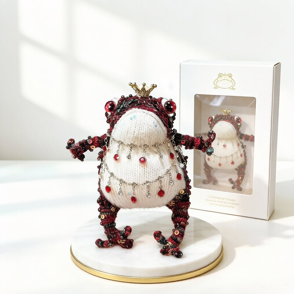 Ruby Oddity Toad – Hand-Knitted Figurine with Red Glass Eyes, Gold Crown, Layered Ruby Crystal Necklaces, Sequin-Beaded Body &amp; Pearl Chain | The Third Space