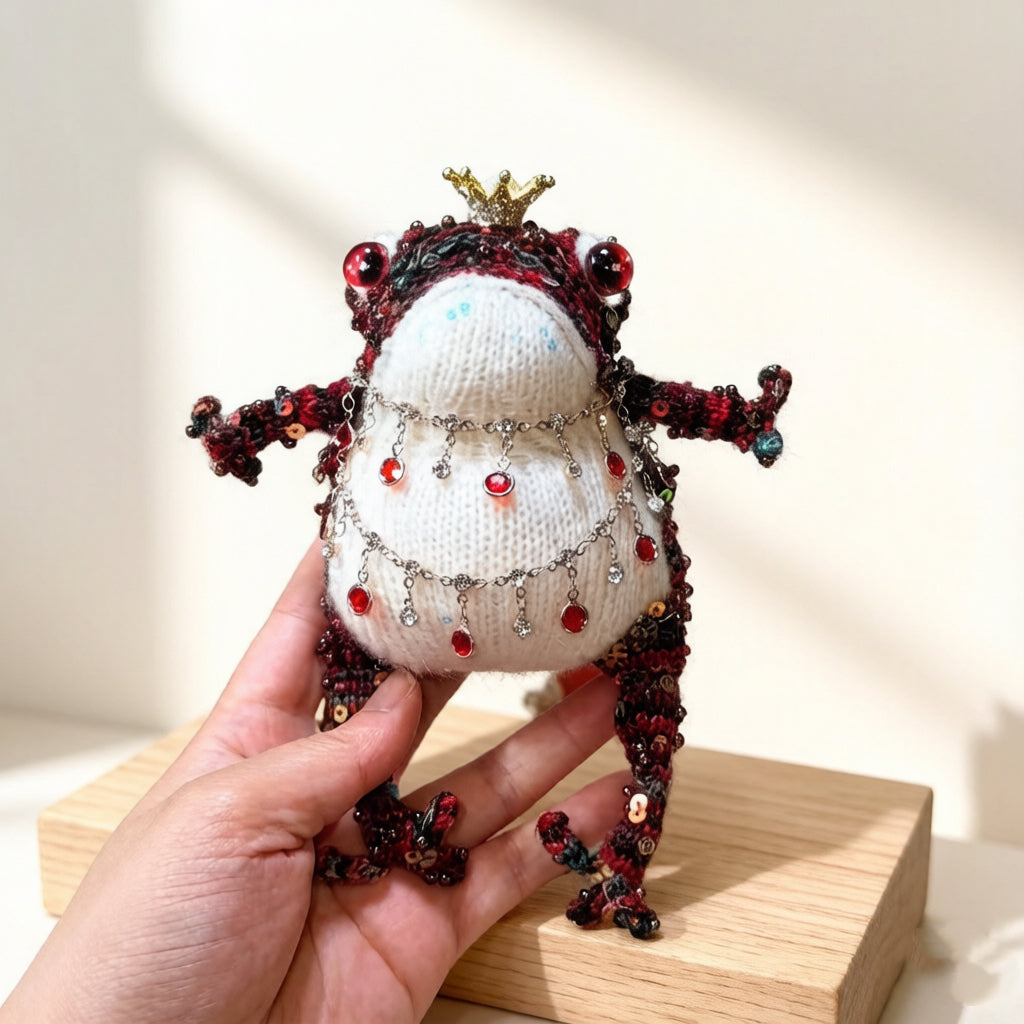 Ruby Oddity Toad – Hand-Knitted Figurine with Red Glass Eyes, Gold Crown, Layered Ruby Crystal Necklaces, Sequin-Beaded Body &amp; Pearl Chain | The Third Space