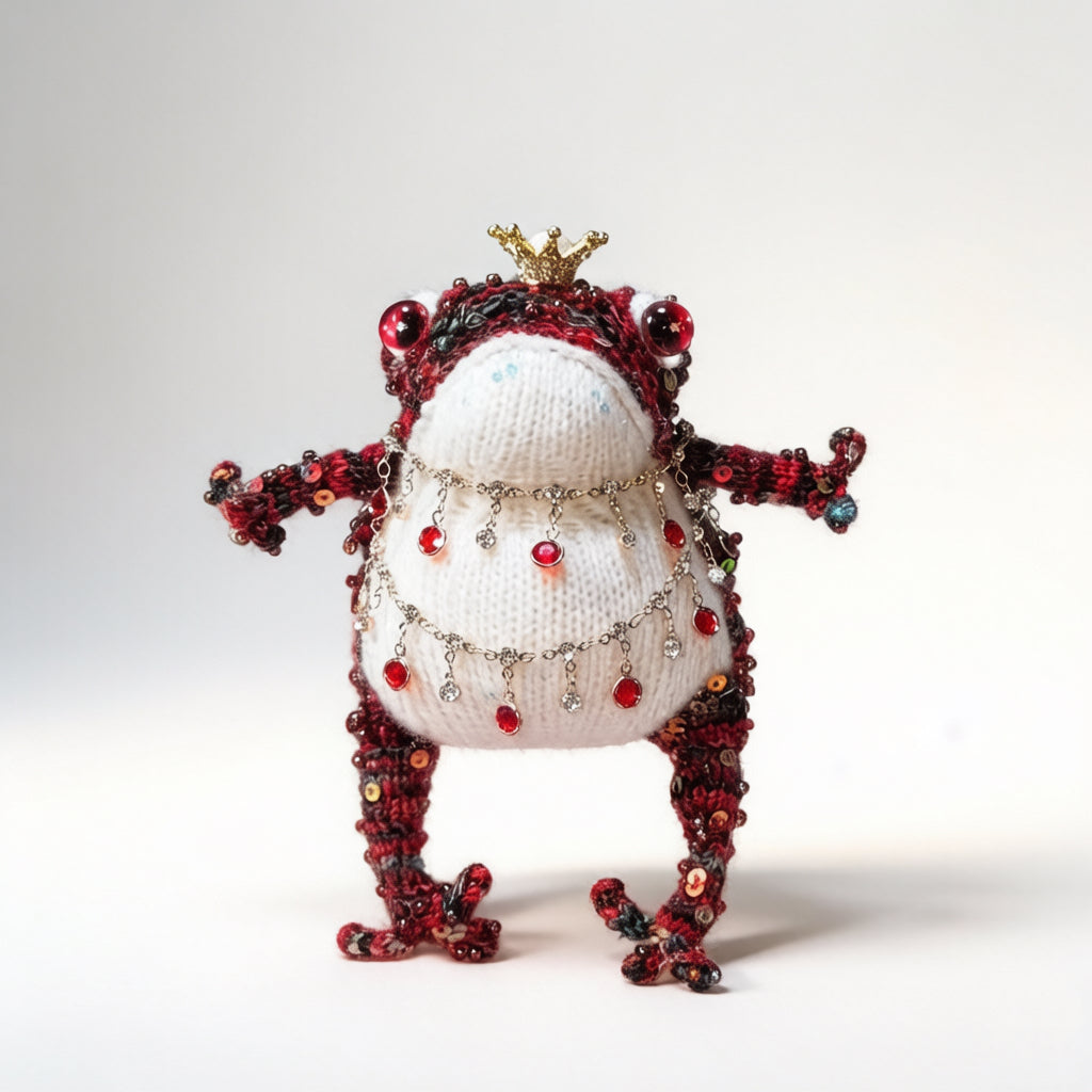 Ruby Oddity Toad – Hand-Knitted Figurine with Red Glass Eyes, Gold Crown, Layered Ruby Crystal Necklaces, Sequin-Beaded Body &amp; Pearl Chain | The Third Space
