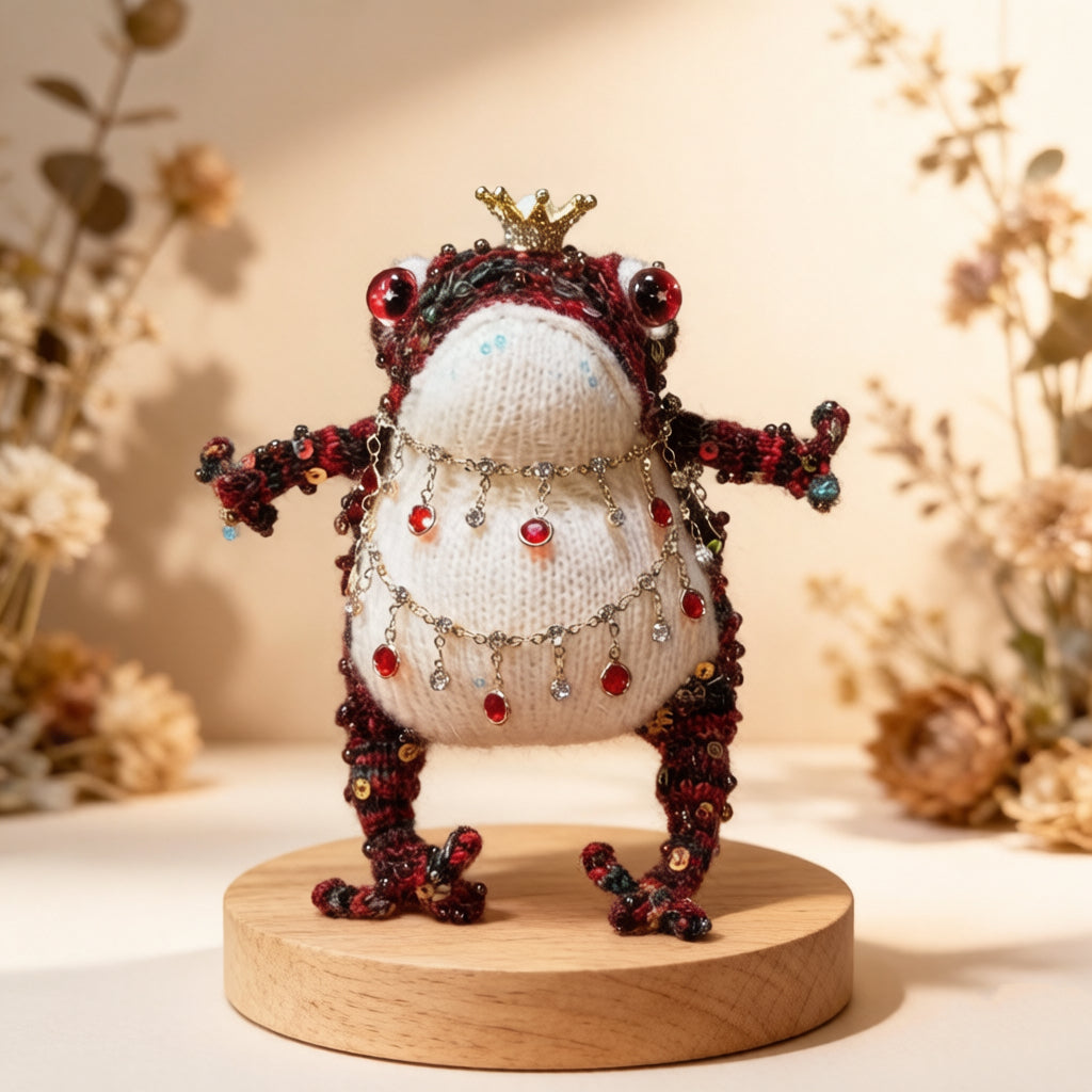 Ruby Oddity Toad – Hand-Knitted Figurine with Red Glass Eyes, Gold Crown, Layered Ruby Crystal Necklaces, Sequin-Beaded Body &amp; Pearl Chain | The Third Space