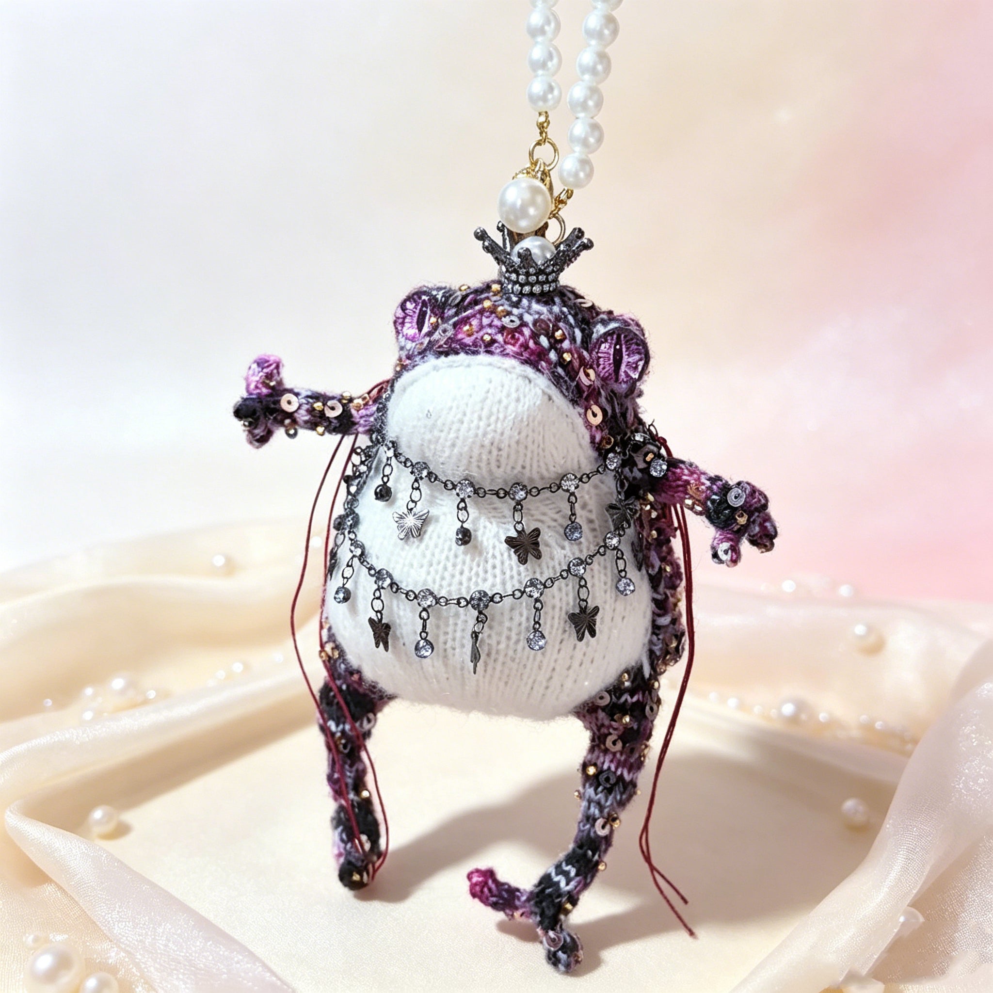Dark Fortune Toad Queen – Hand-Knitted Gothic Lolita Figurine with Black Crystal Crown, Silver Chain Pendants, Coin-Back Embroidery &amp; Sequin Details | The Third Space