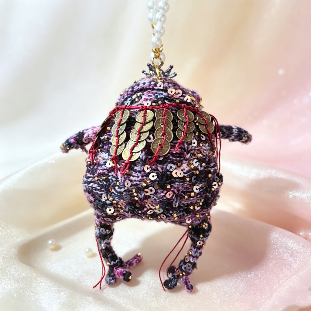 Dark Fortune Toad Queen – Hand-Knitted Gothic Lolita Figurine with Black Crystal Crown, Silver Chain Pendants, Coin-Back Embroidery &amp; Sequin Details | The Third Space
