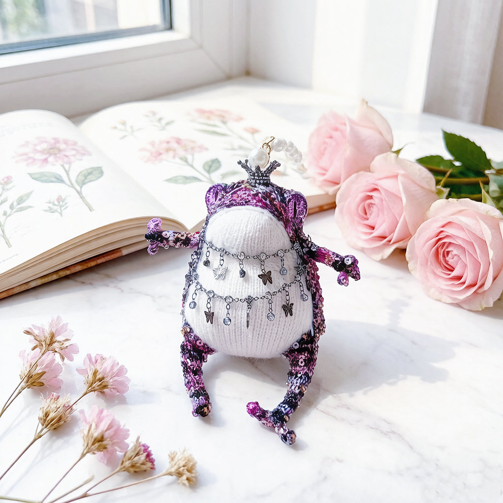 Dark Fortune Toad Queen – Hand-Knitted Gothic Lolita Figurine with Black Crystal Crown, Silver Chain Pendants, Coin-Back Embroidery &amp; Sequin Details | The Third Space